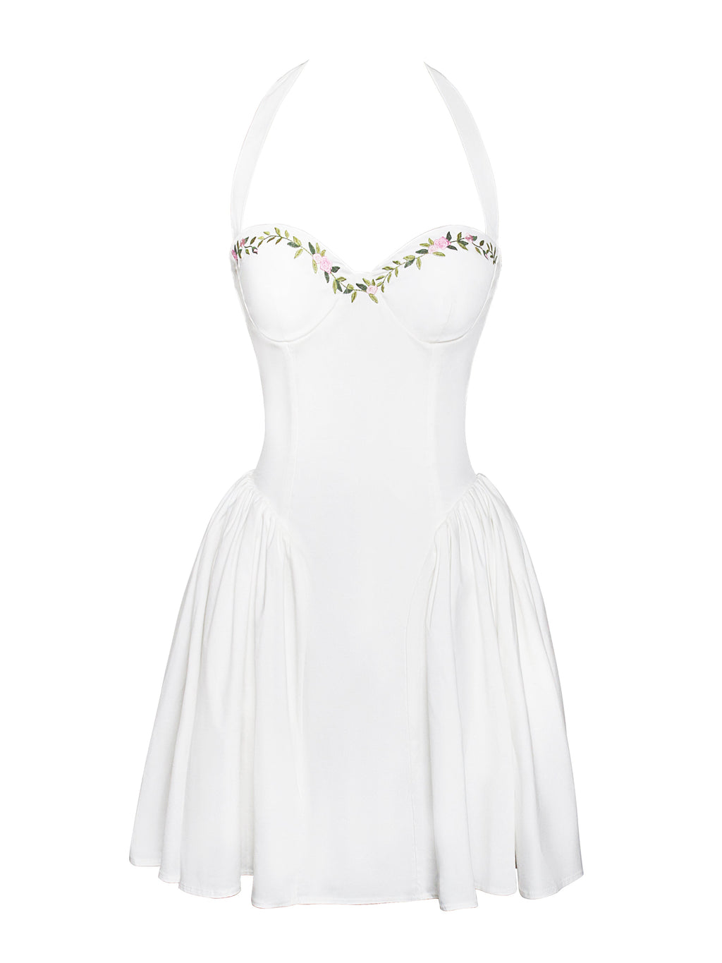 Nina White Embroidered Halter Mini Dress - HOUSE OF SHE