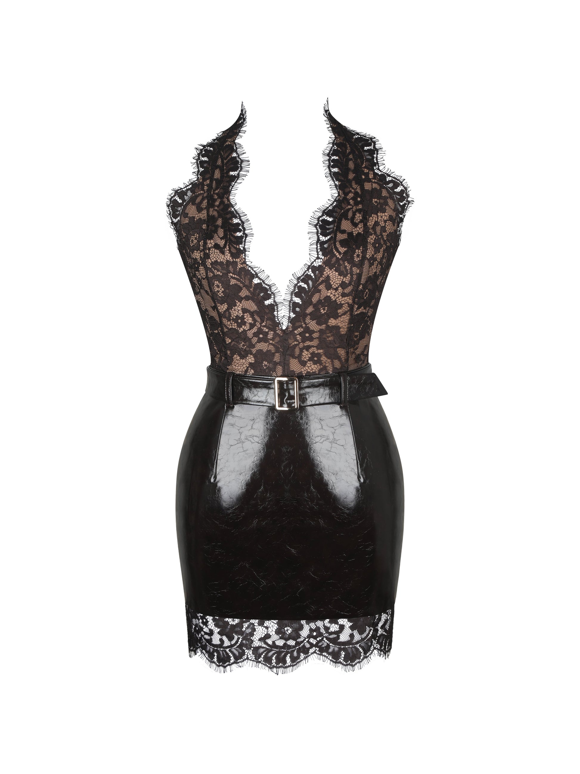 Faris Mahogany Plunging Halter Belted Mini Dress