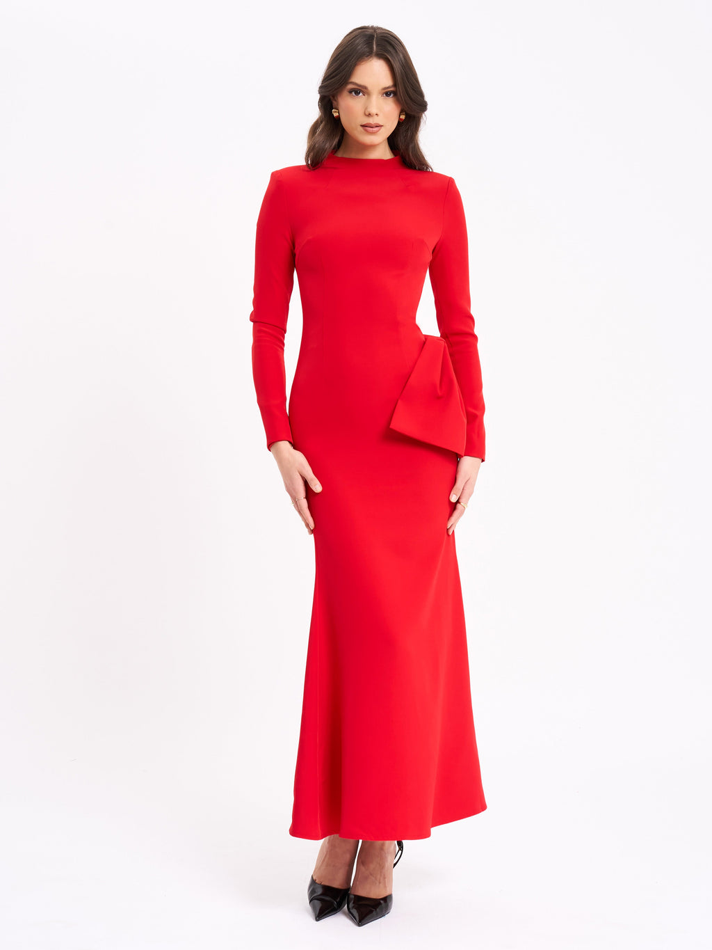Radha Red Backless Longsleeve Maxi Dress with Bow  HOUSE OF SHE