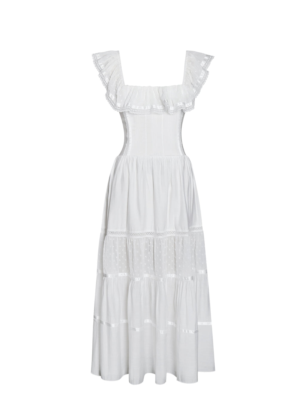 Eden Square Neck Ruffle Trim High Waist Midi Dress - HOUSE OF SHE