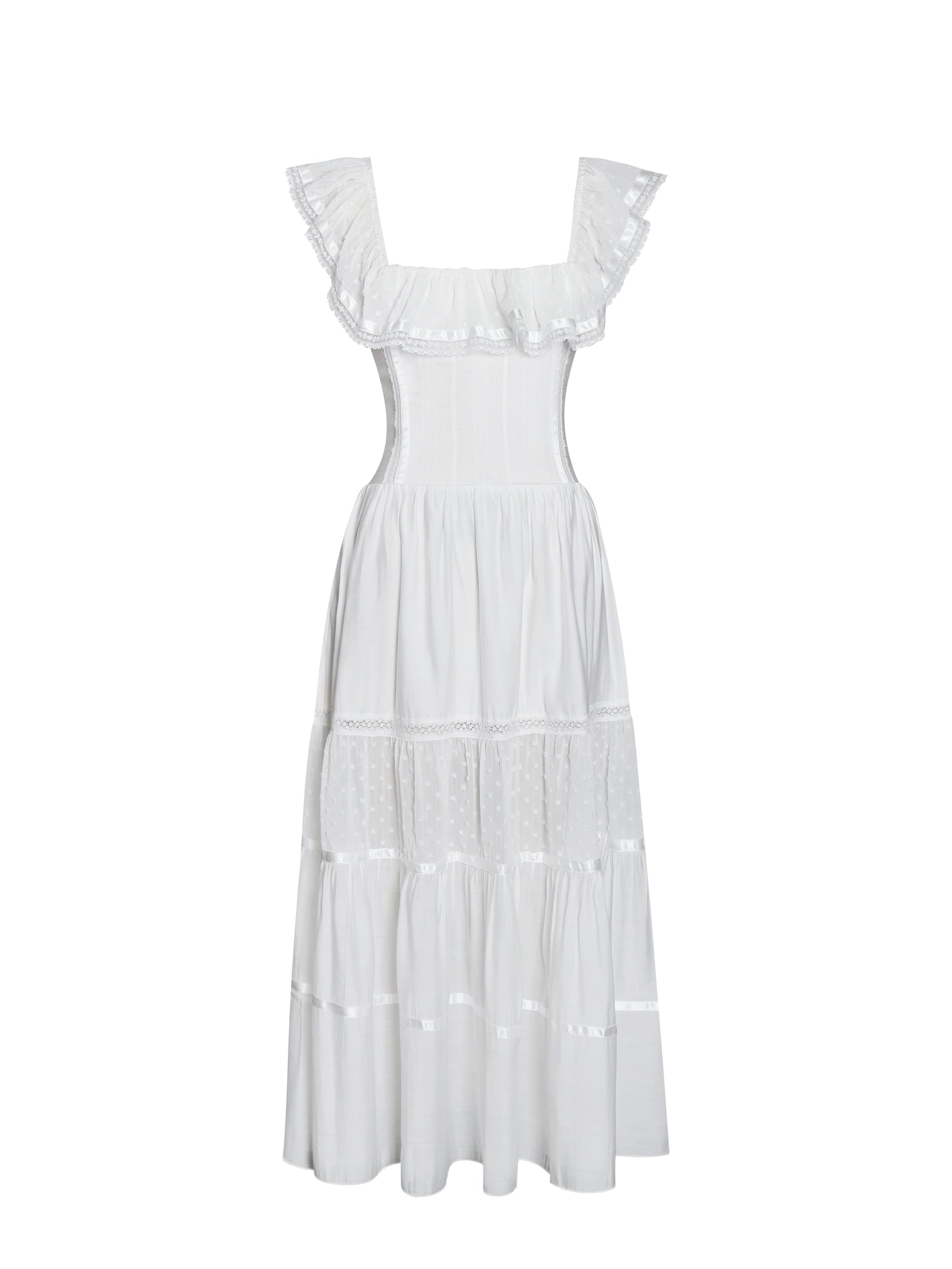 Eden Square Neck Ruffle Trim High Waist Midi Dress - HOUSE OF SHE