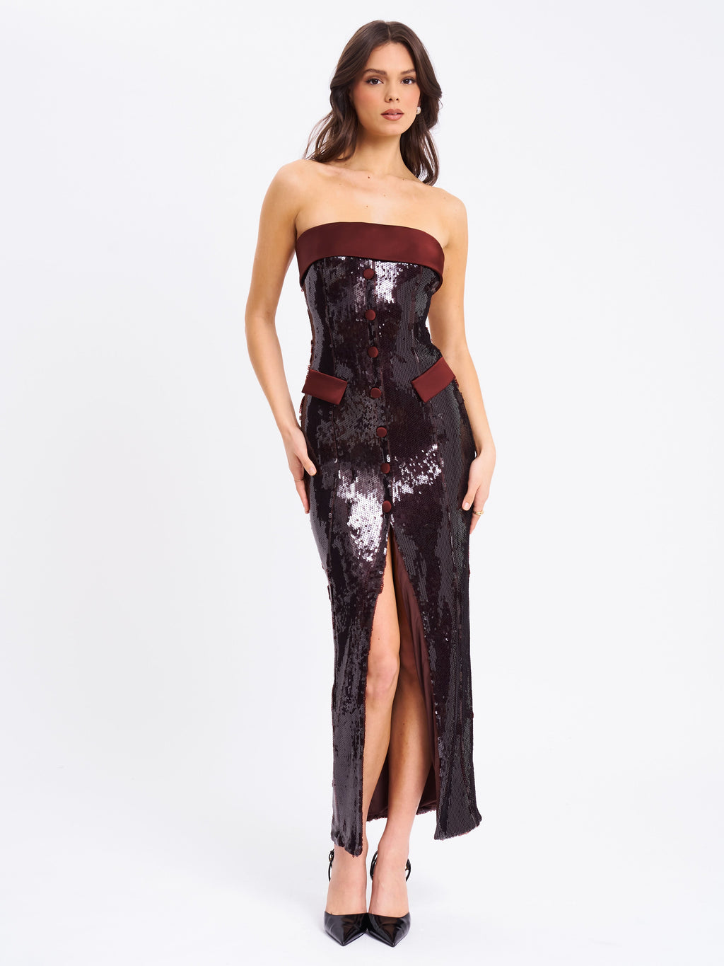 Qadira Burgundy Brown Sequin Maxi Pencil Dress  HOUSE OF SHE