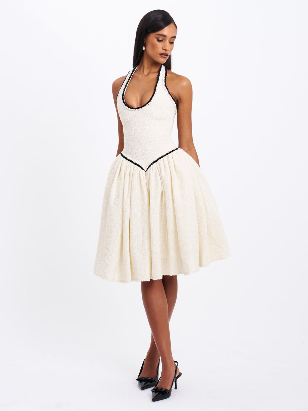 Natalie U Neck Halter Drop Waist Tweed Midi Dress - HOUSE OF SHE