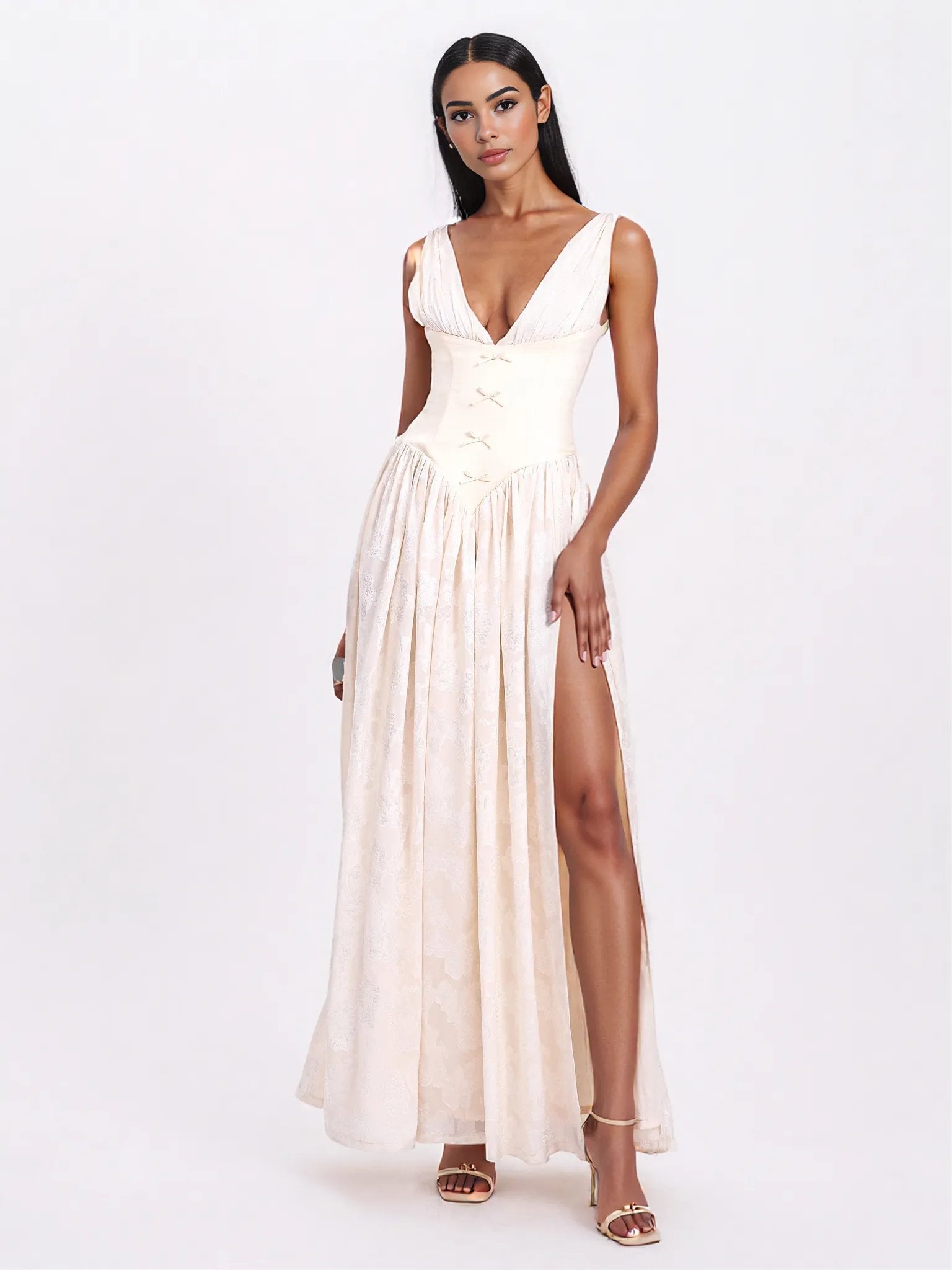 Sabrina Butter Yellow High Slit Jacquard Maxi Dress