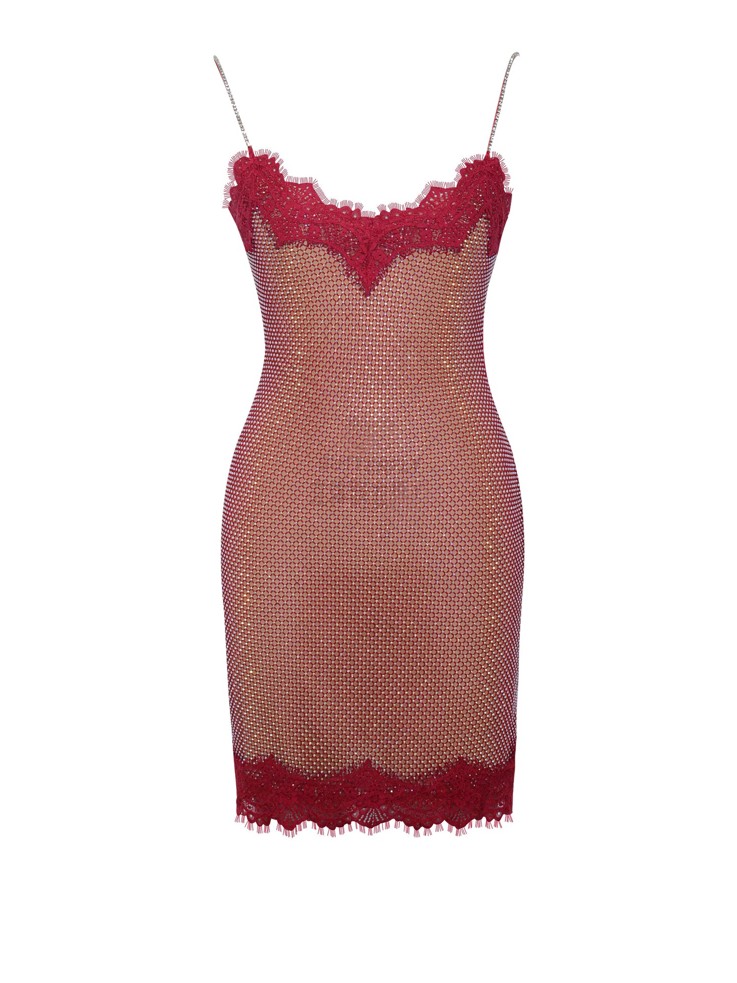 Remi Red Mesh Rhinestone Lace Mini Dress