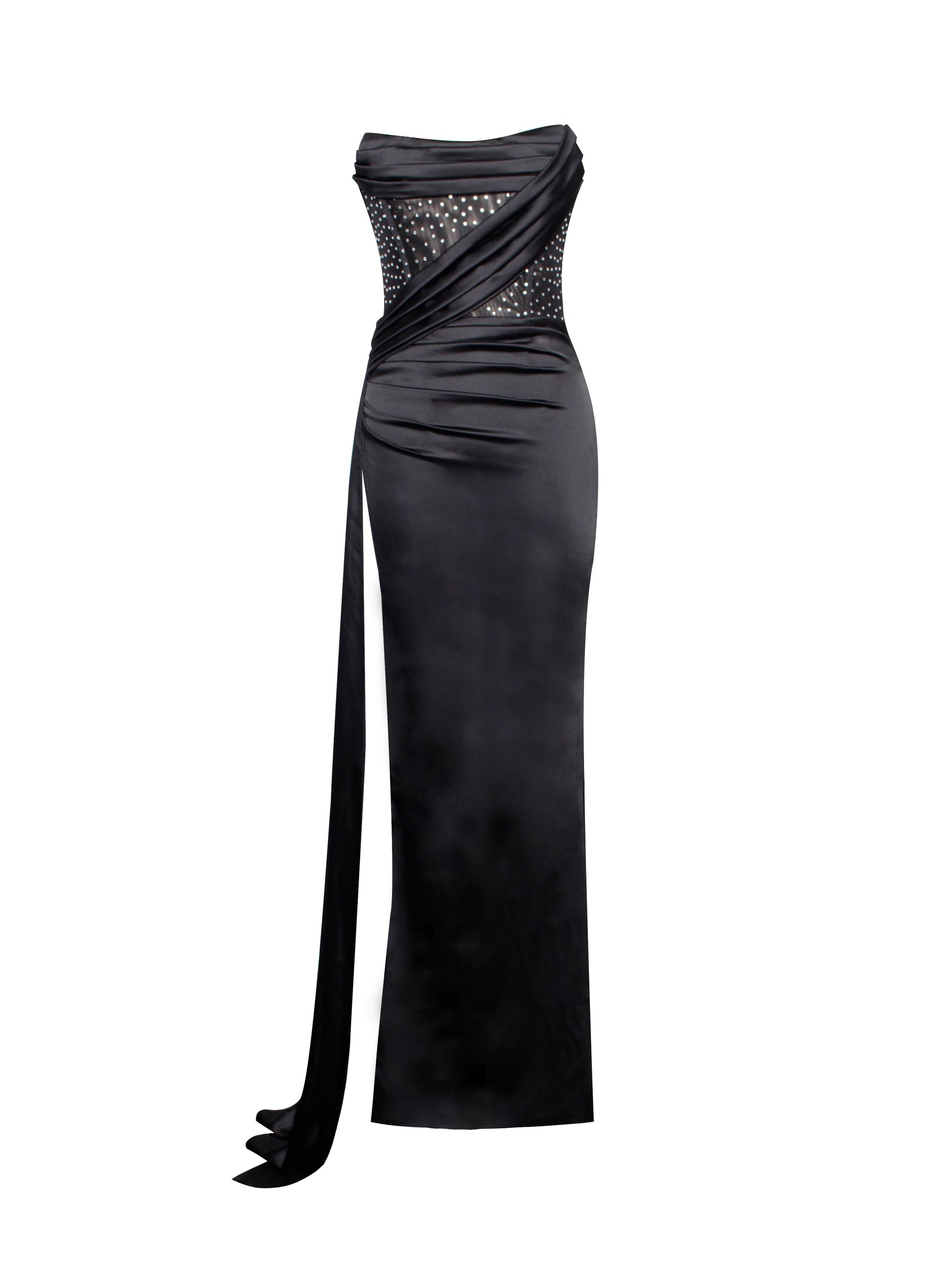 Holly Black Crystallized Corset High Slit Satin Gown  HOUSE OF SHE