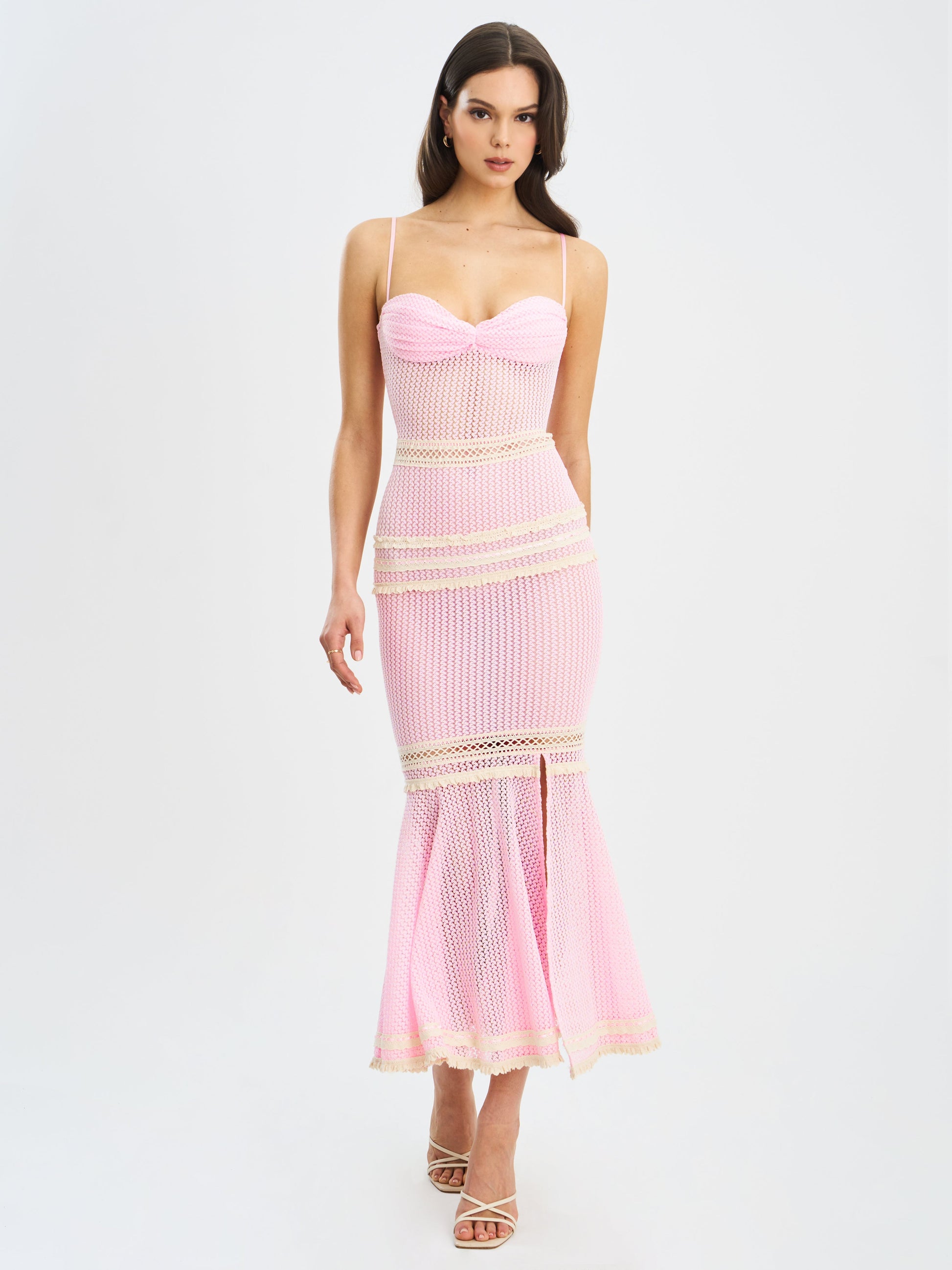 Pallas Pink Lace Trim Crochet Mermaid Maxi Dress - HOUSE OF SHE