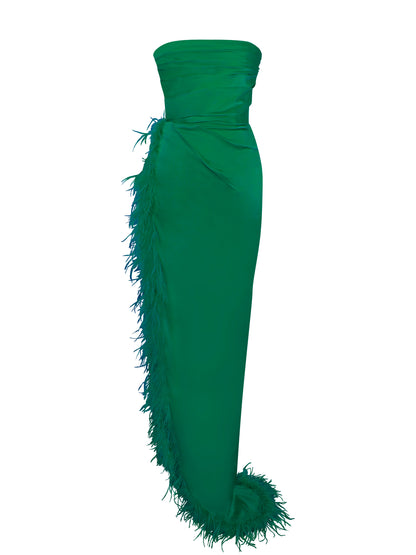 Perrin Emerald Green Feather Dress High Slit Gown