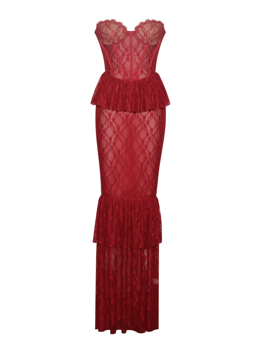 Quin Red Lace Corset Maxi Dress