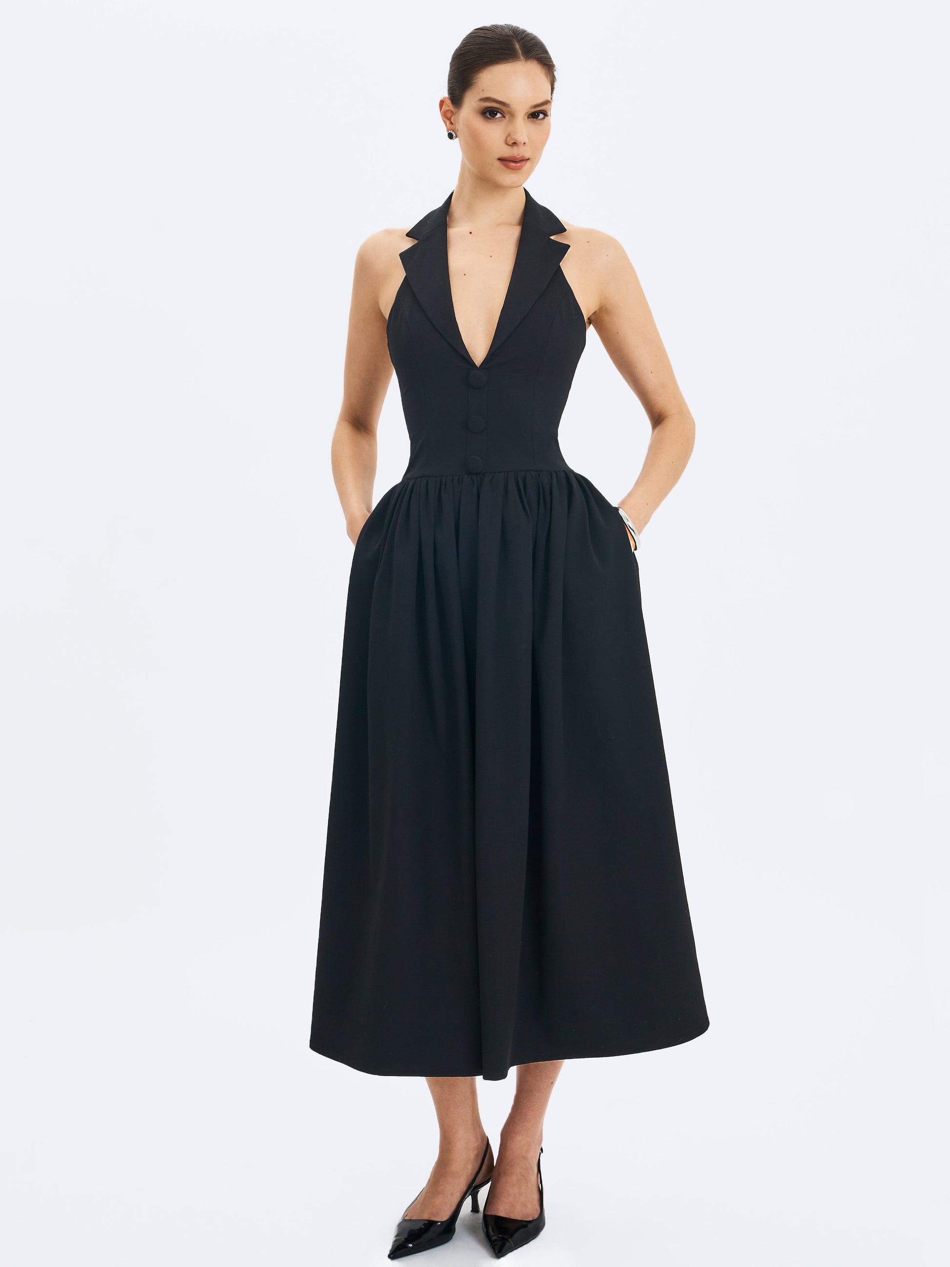Delaney Black Lapel Halter Midi A-Line Dress