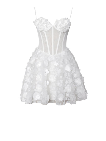 Pamila White Floral Mesh Puffy Mini Dress