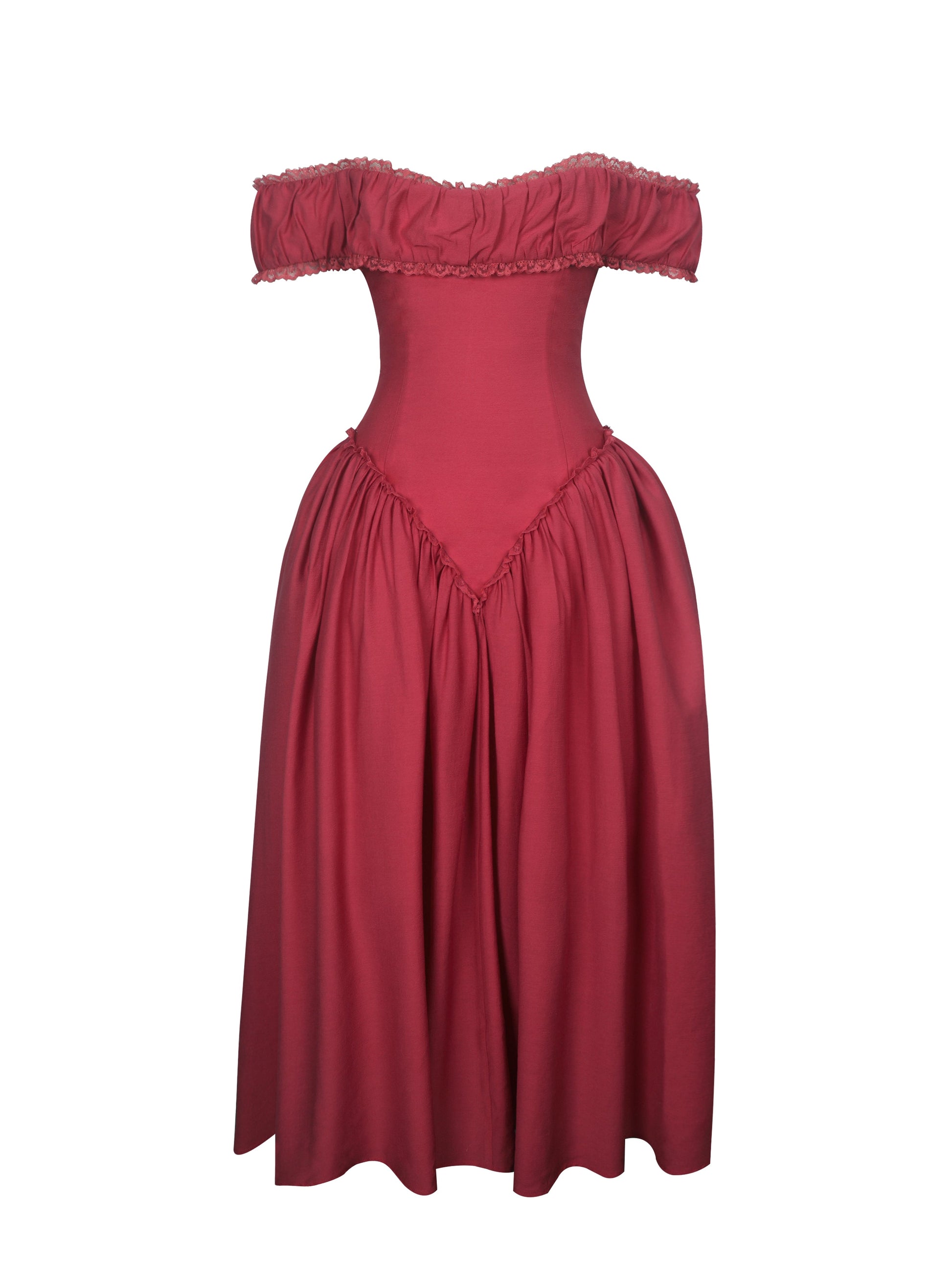 Xavy Crimson Off-Shoulder Corset Midi Dress