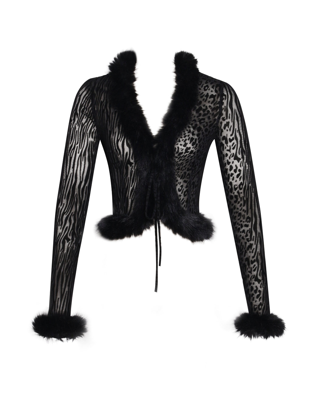 Hali Black Animal Print Burnout Velvet Fur Trim Top - HOUSE OF SHE