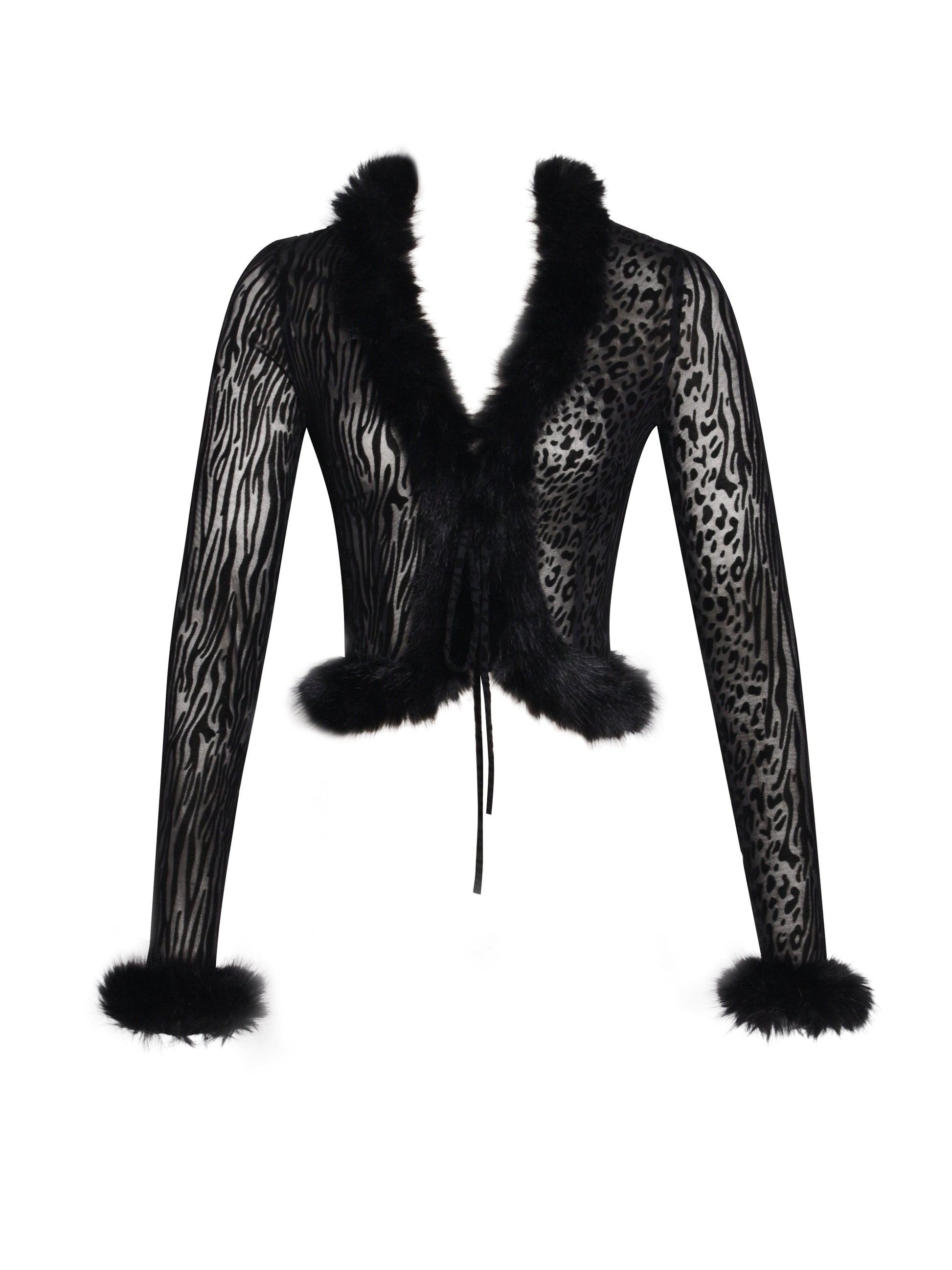 Hali Black Animal Print Burnout Velvet Fur Trim Top - HOUSE OF SHE