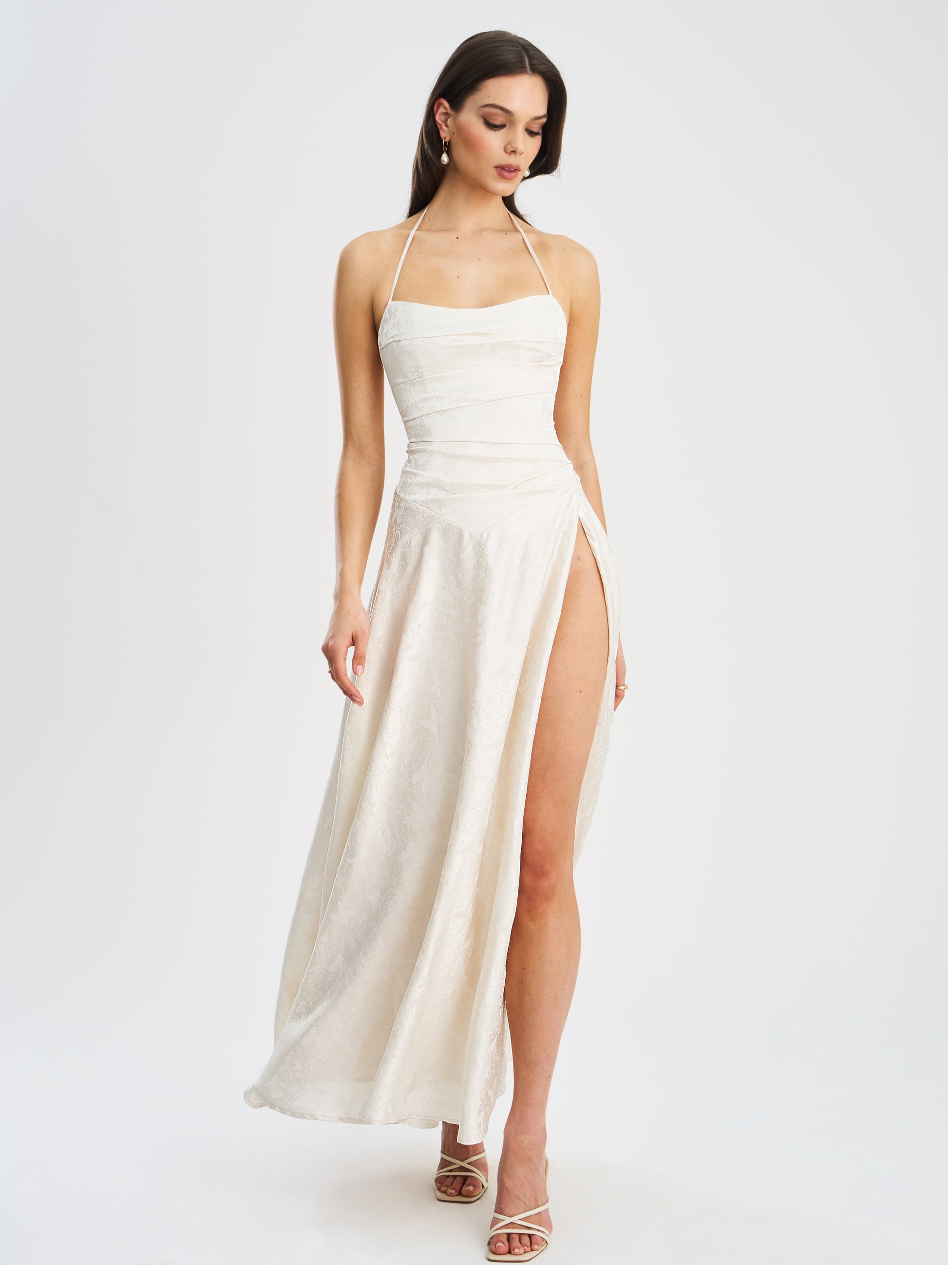 Raegan Pearl White Jacquard Rouched Maxi Dress - HOUSE OF SHE