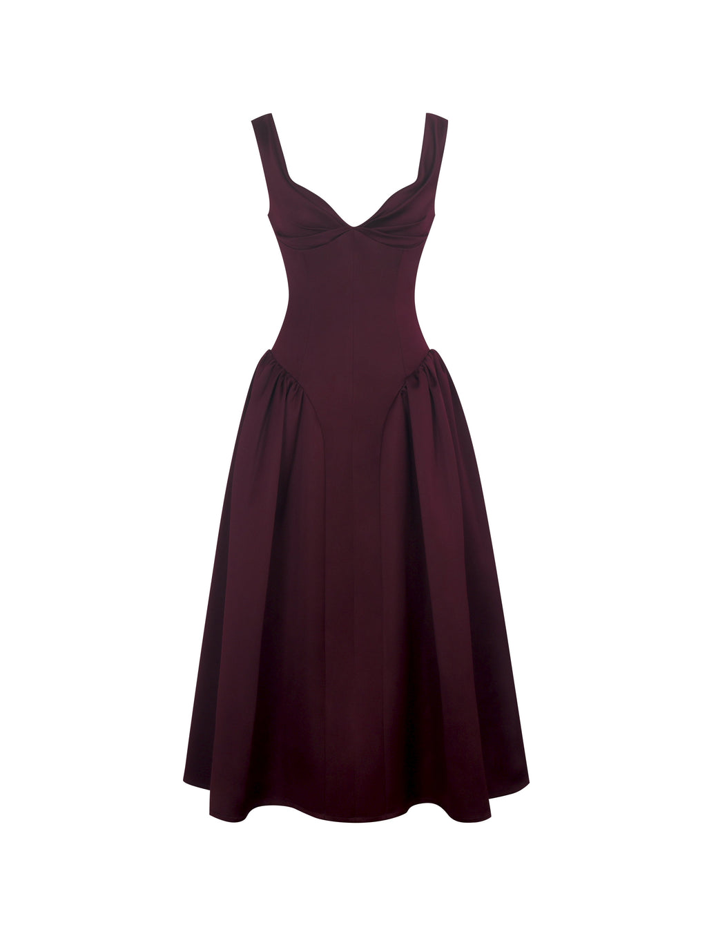 Omella Burgundy Ruched Bust Sweetheart Flared Maxi Dress