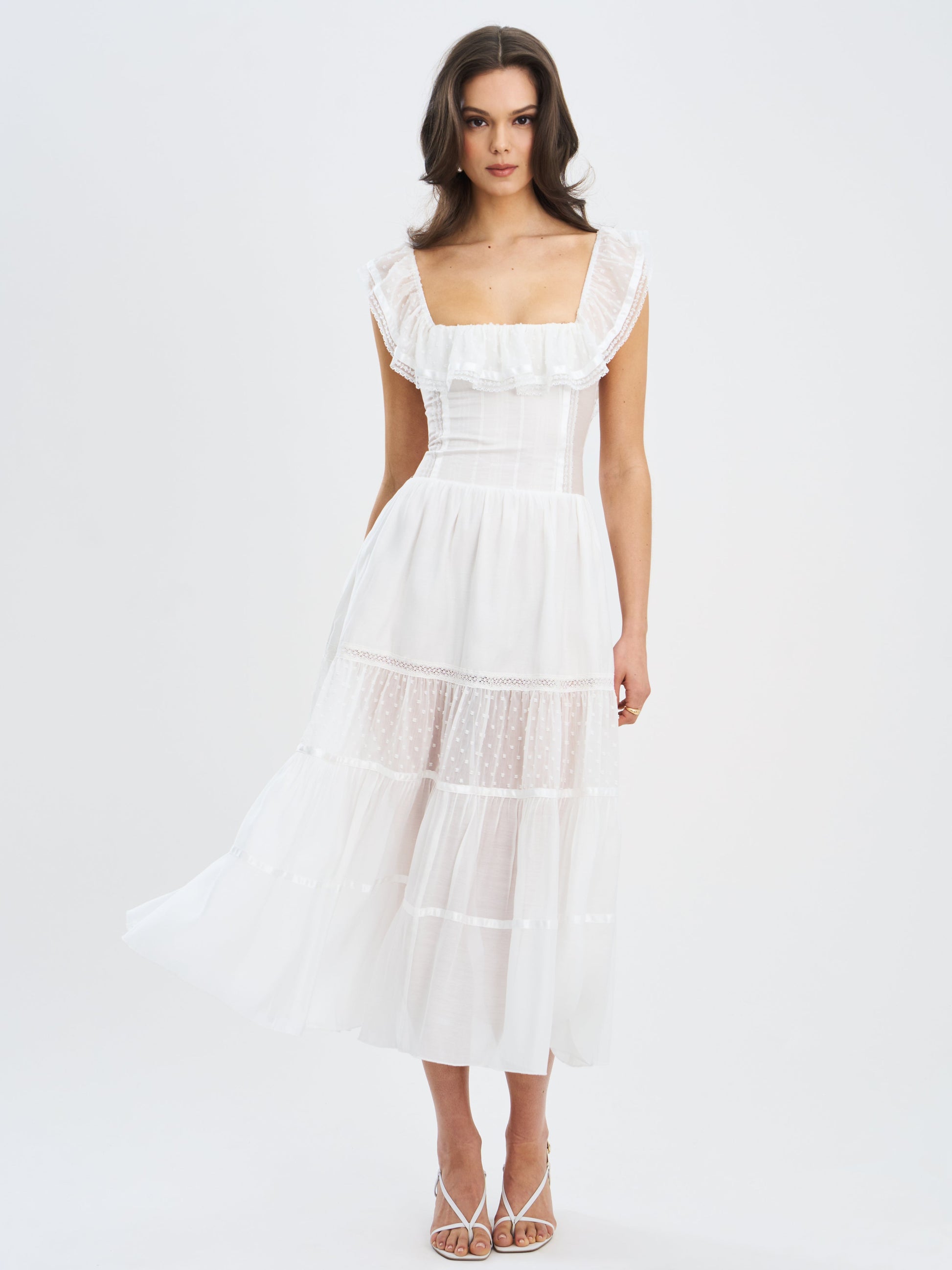 Eden Square Neck Ruffle Trim High Waist Midi Dress - HOUSE OF SHE