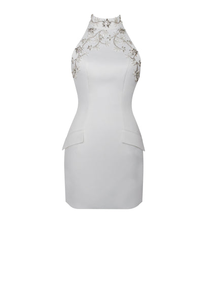 Ori White Halter Pearl Mini Dress