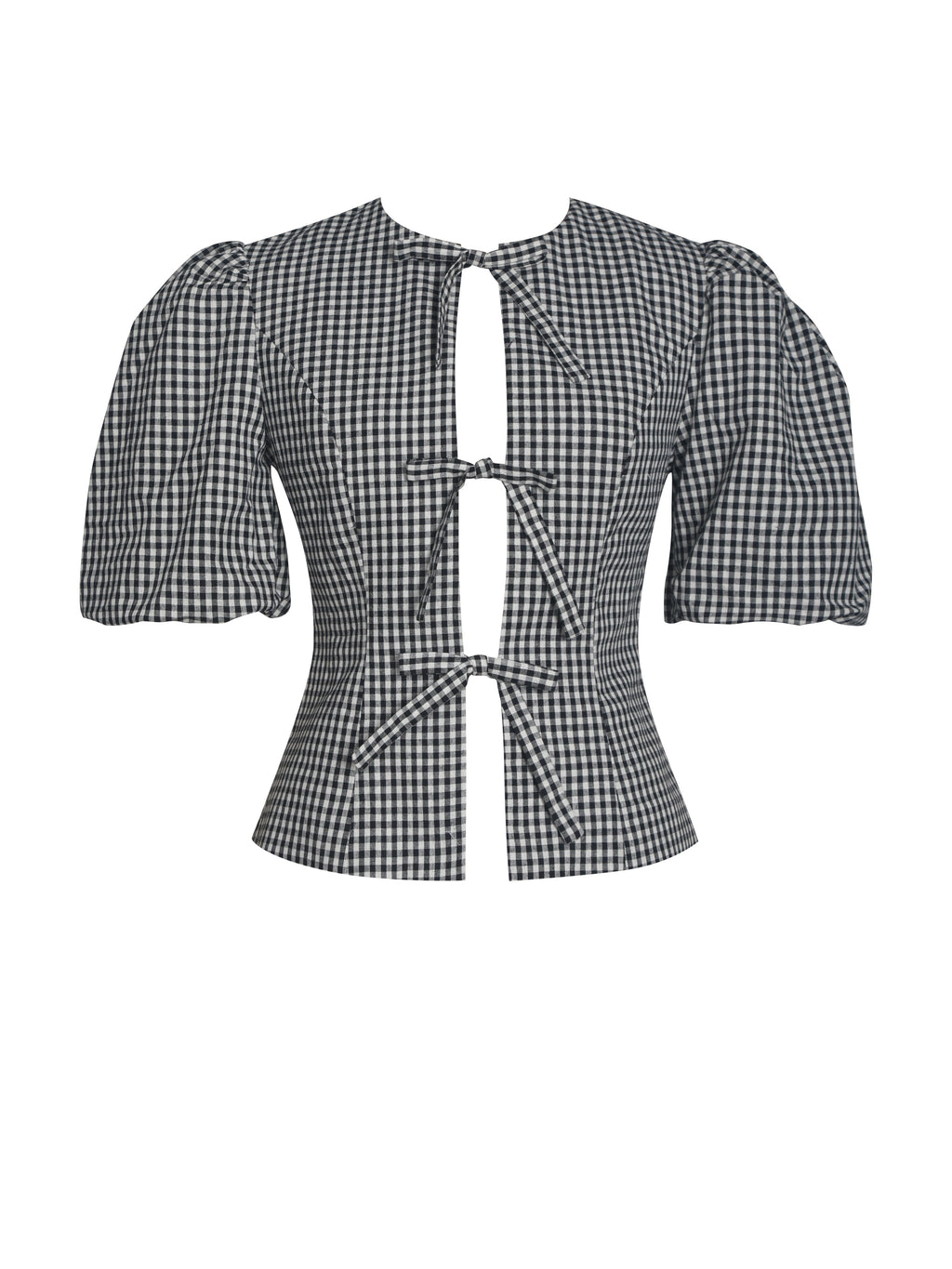 Qusayla Black Gingham Bubble Sleeve Bowtie Top - HOUSE OF SHE