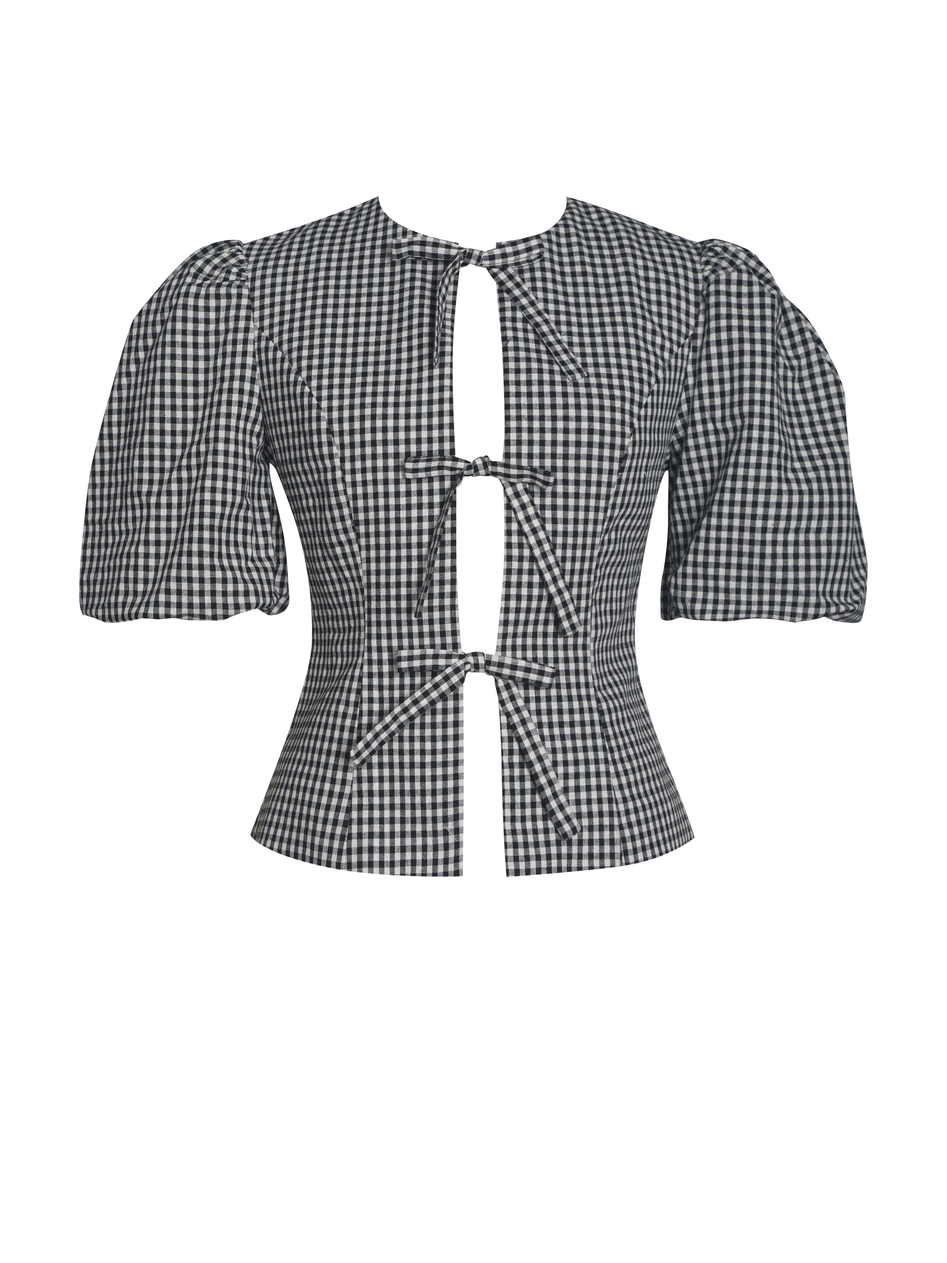 Qusayla Black Gingham Bubble Sleeve Bowtie Top - HOUSE OF SHE