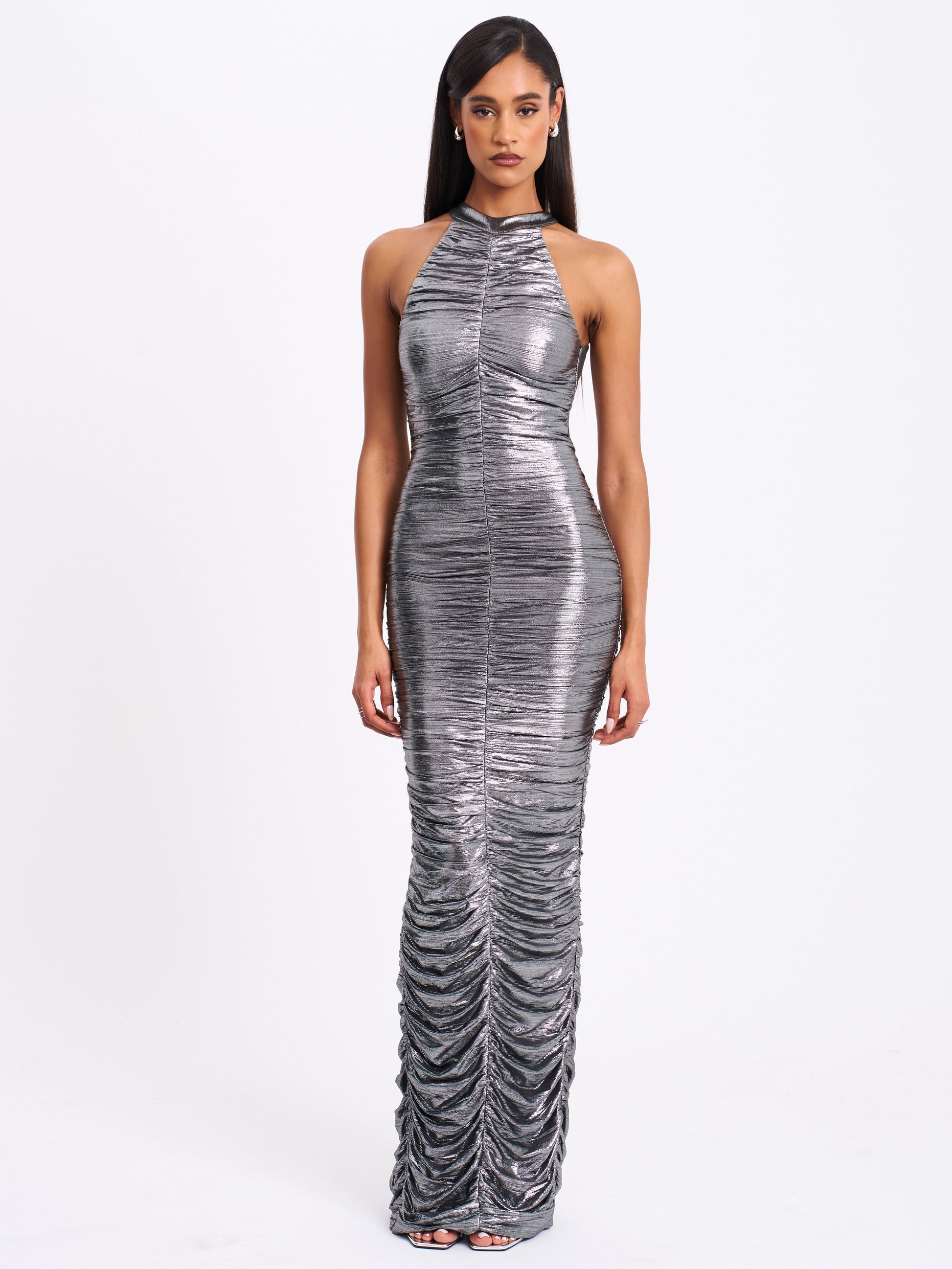 Abril Ruched Silver Glitter Backless Gown - HOUSE OF SHE