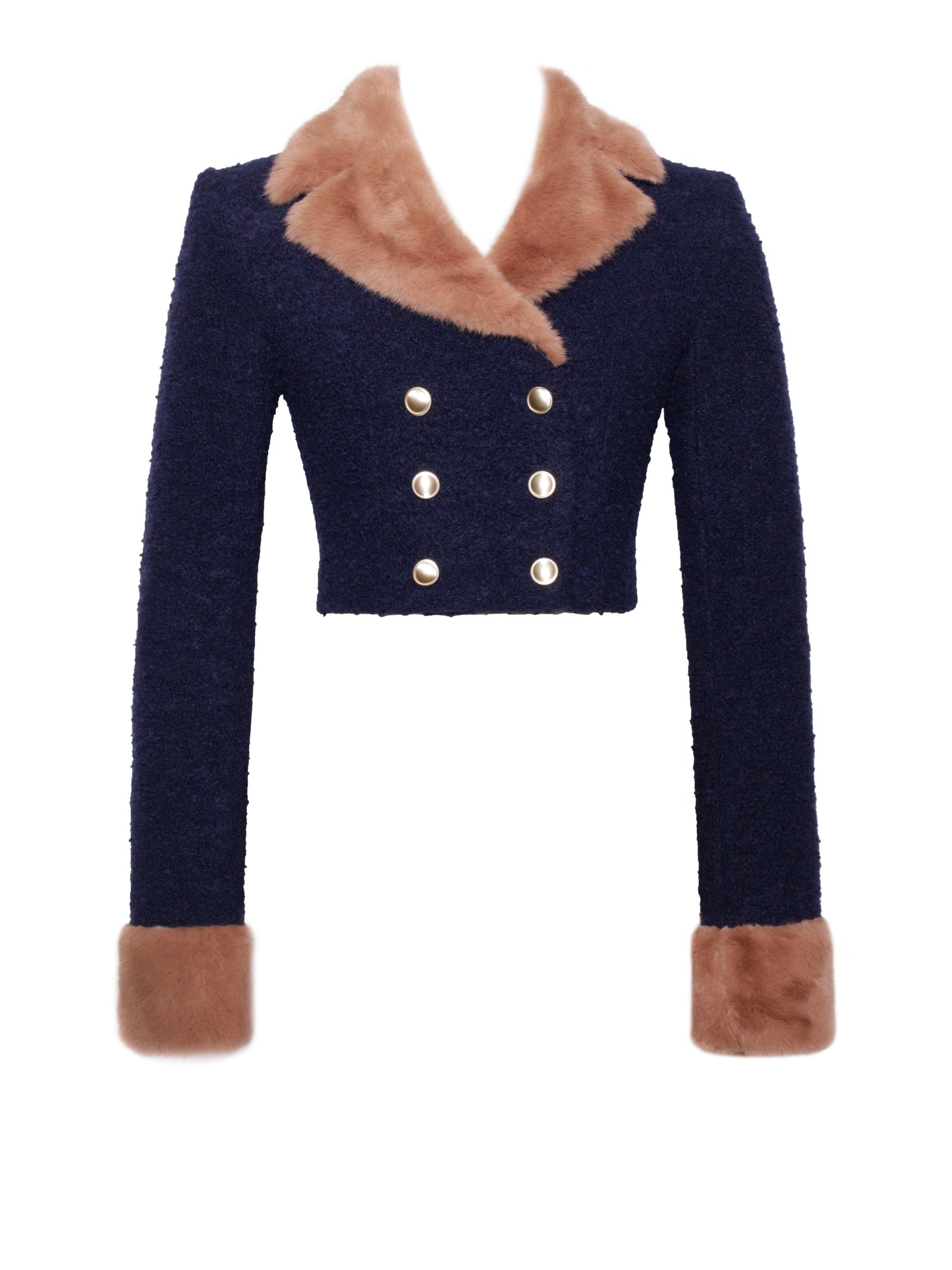 Wava Navy Blue Fur Cropped Boucle Wool Jacket