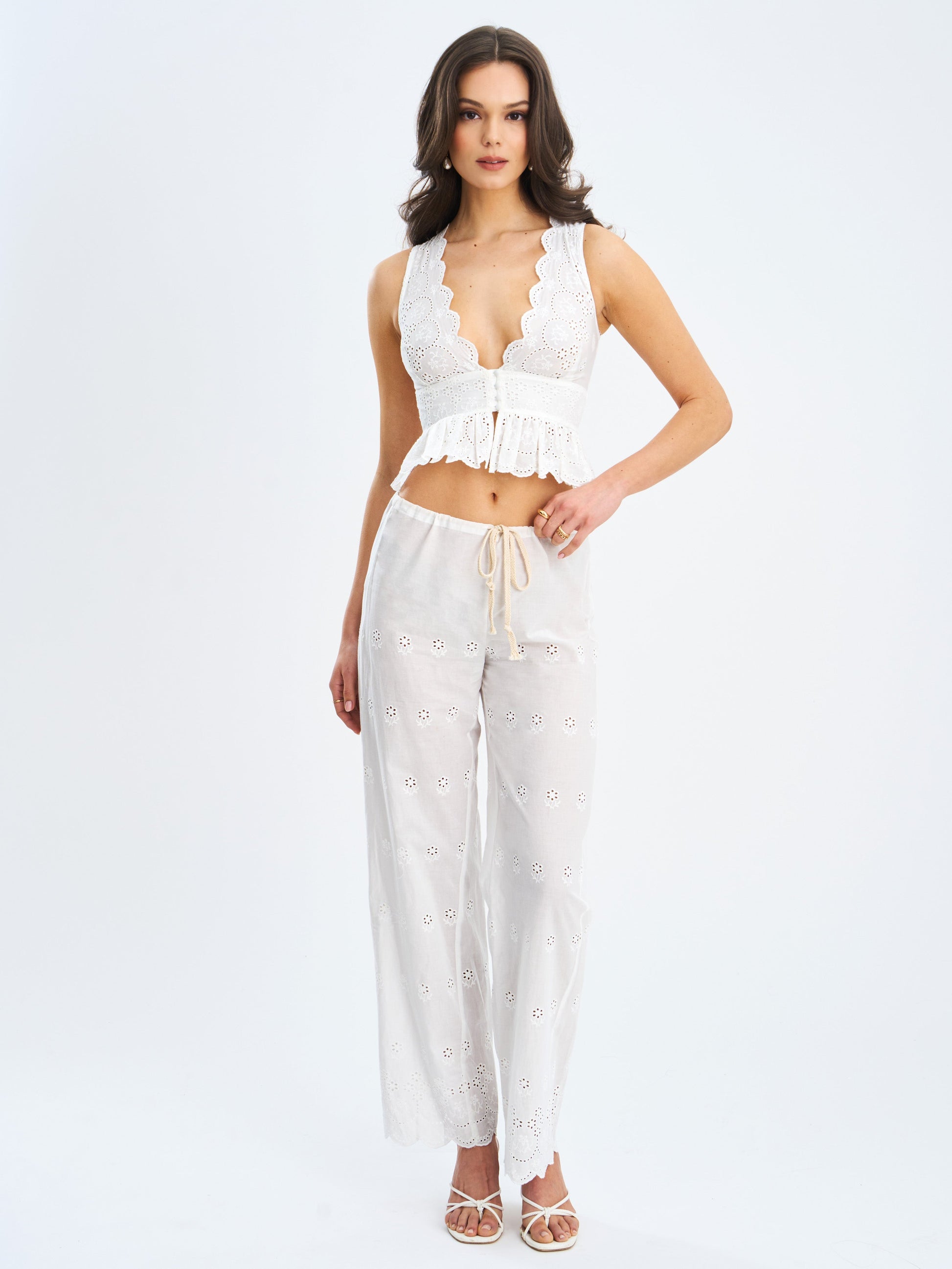 Raia White Eyelet Wave Trim Crop Vest Top - HOUSE OF SHE