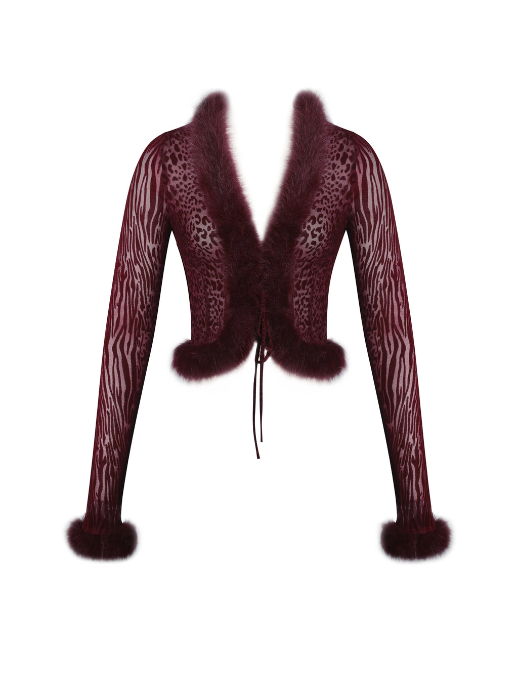 Hali Burgundy Animal Print Burnout Velvet Fur Trim Top - HOUSE OF SHE