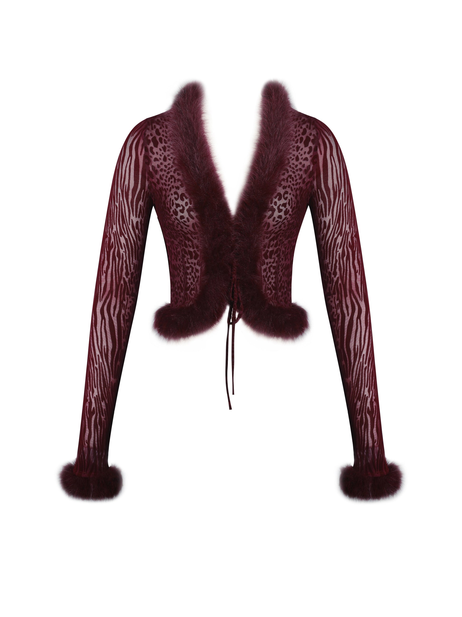 Hali Burgundy Animal Print Burnout Velvet Fur Trim Top - HOUSE OF SHE