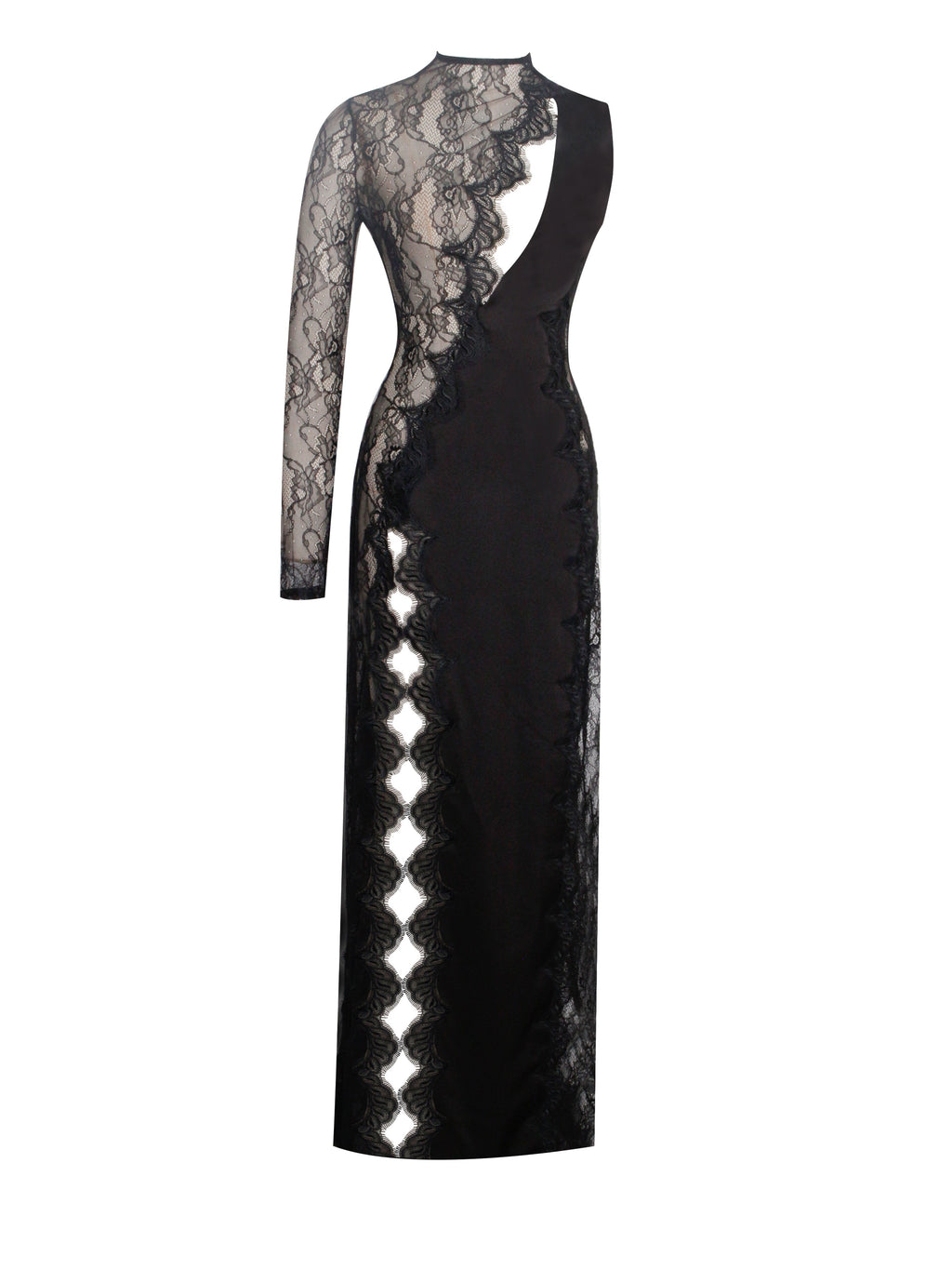 Weslyn Black Satin Lace High Slit Dress  HOUSE OF SHE
