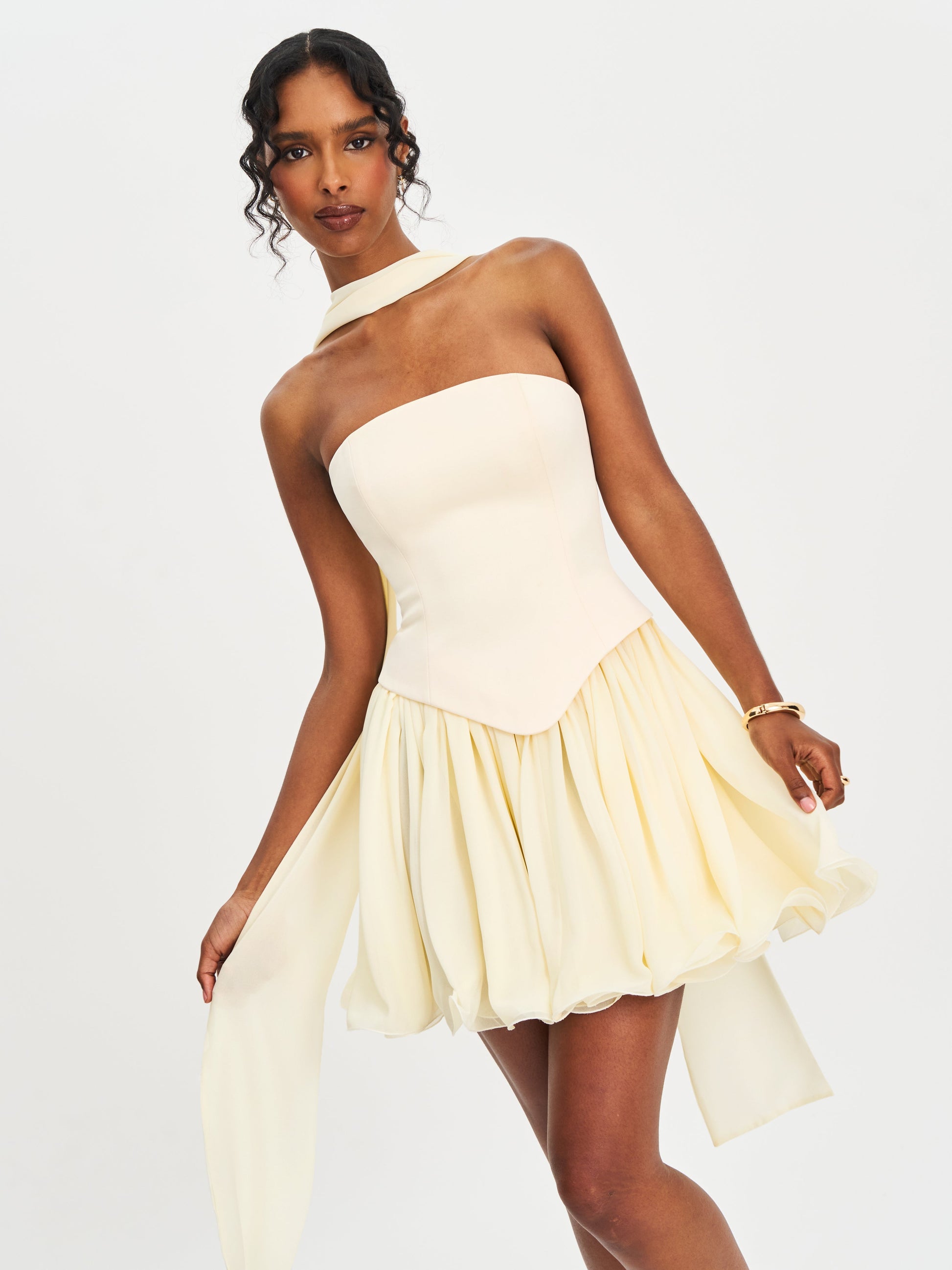 Valentina Butter Yellow Boned Curve Edge Peplum Mini Dress - HOUSE OF SHE