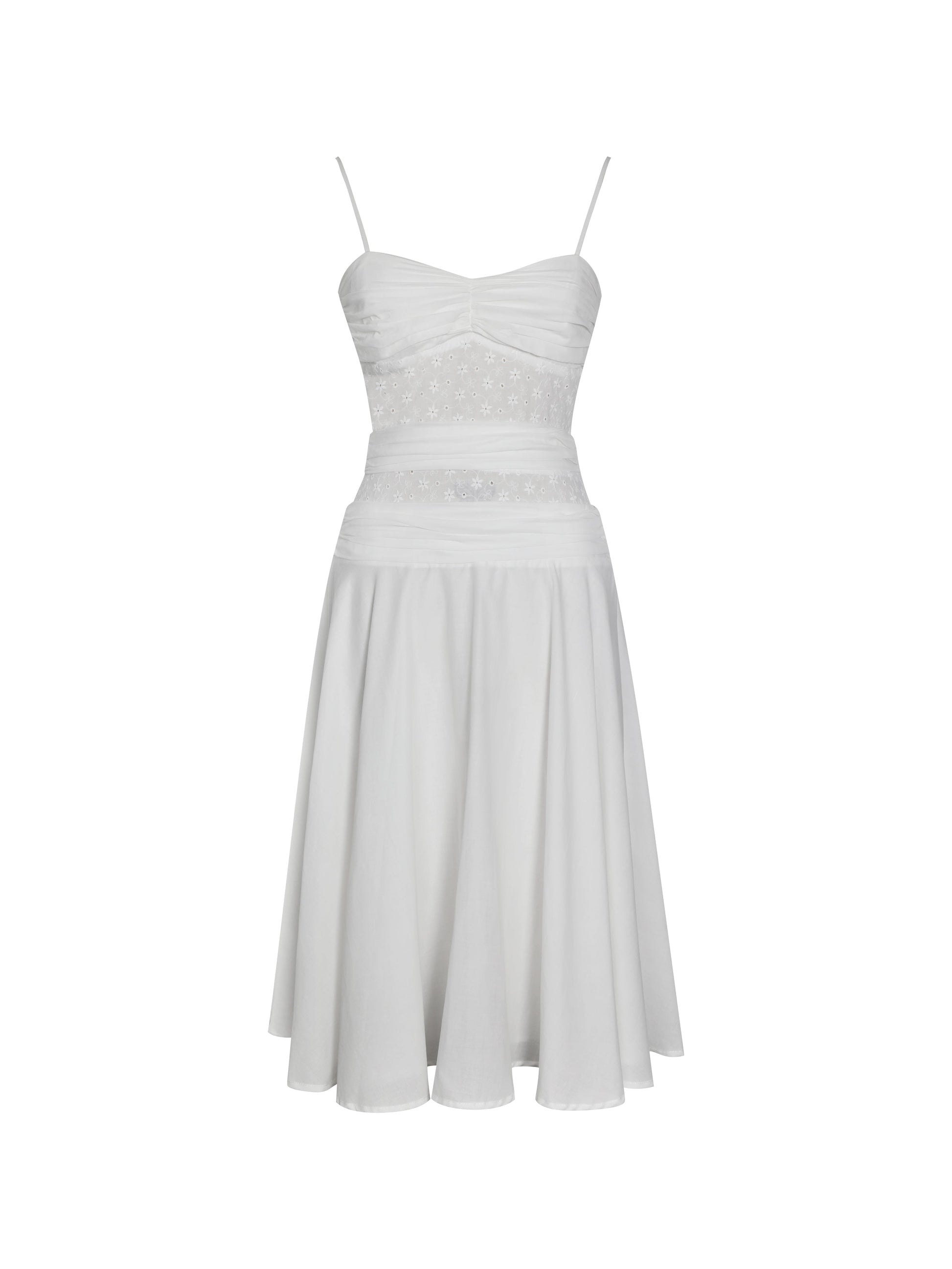 Maelis White Eyelet Drop Waist Cotton Midi Dress - HOUSE OF SHE