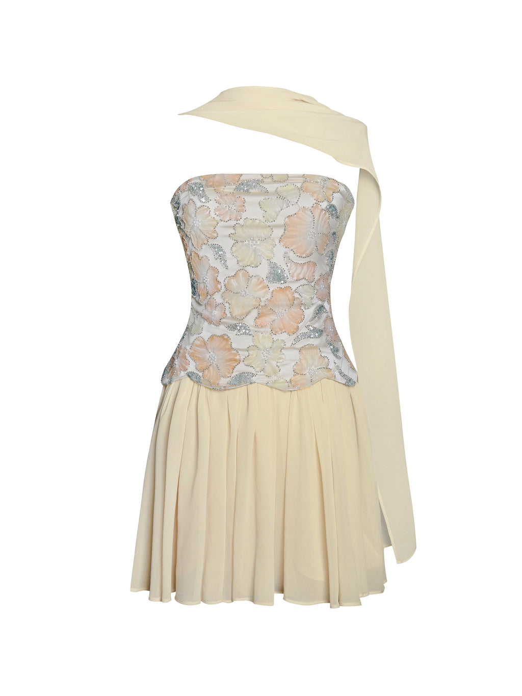 Quanisha Yellow Beaded Floral Mini Chiffon Dress with Scarf - HOUSE OF SHE