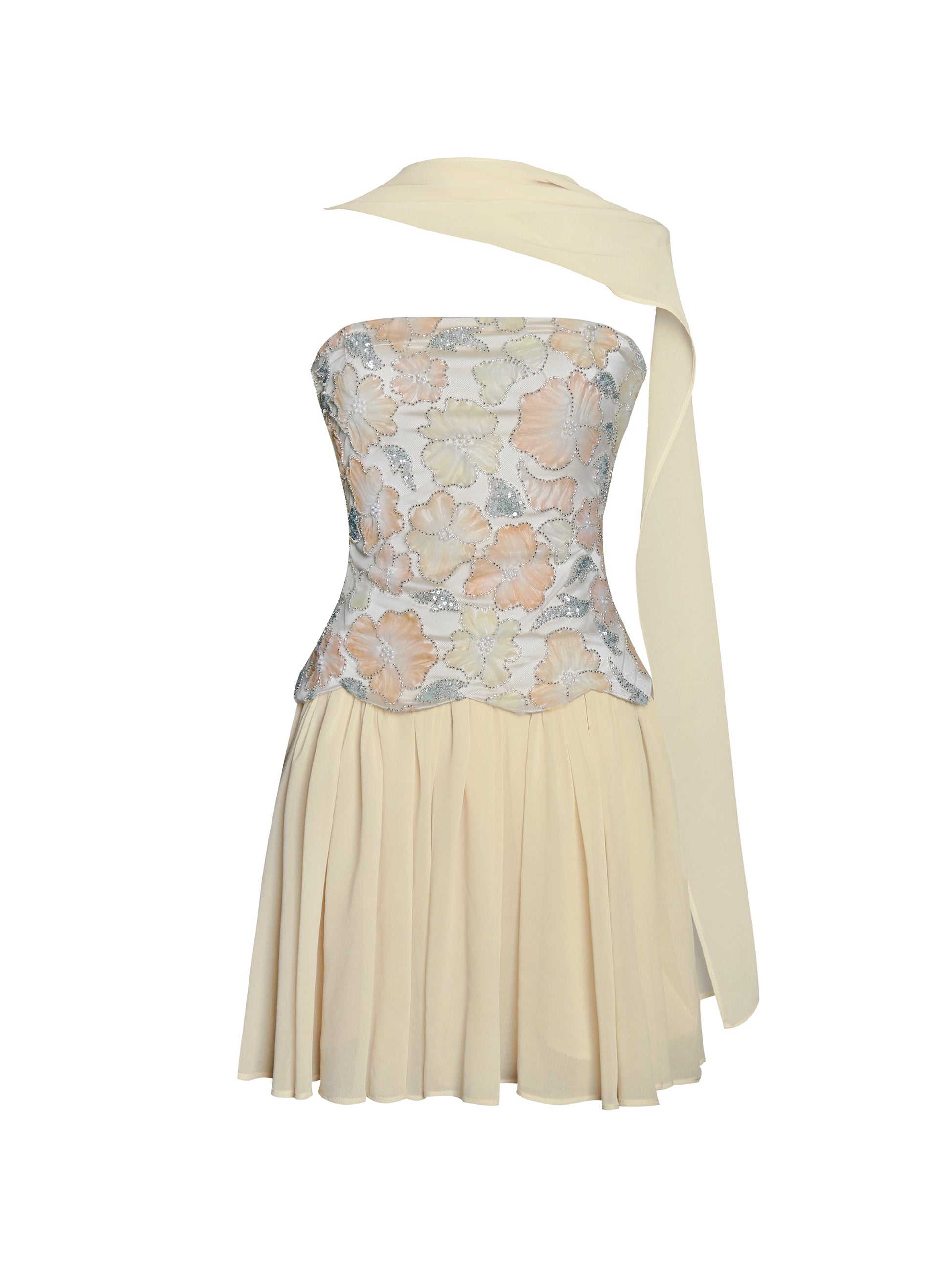 Quanisha Yellow Beaded Floral Mini Chiffon Dress with Scarf - HOUSE OF SHE