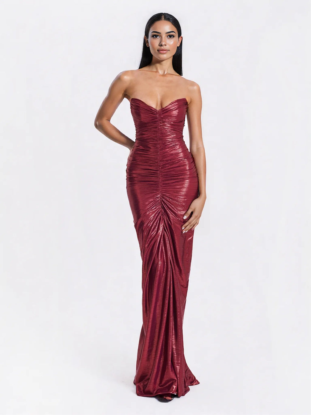 Sable Ruched Burgundy Glitter Mermaid Gown - HOUSE OF SHE