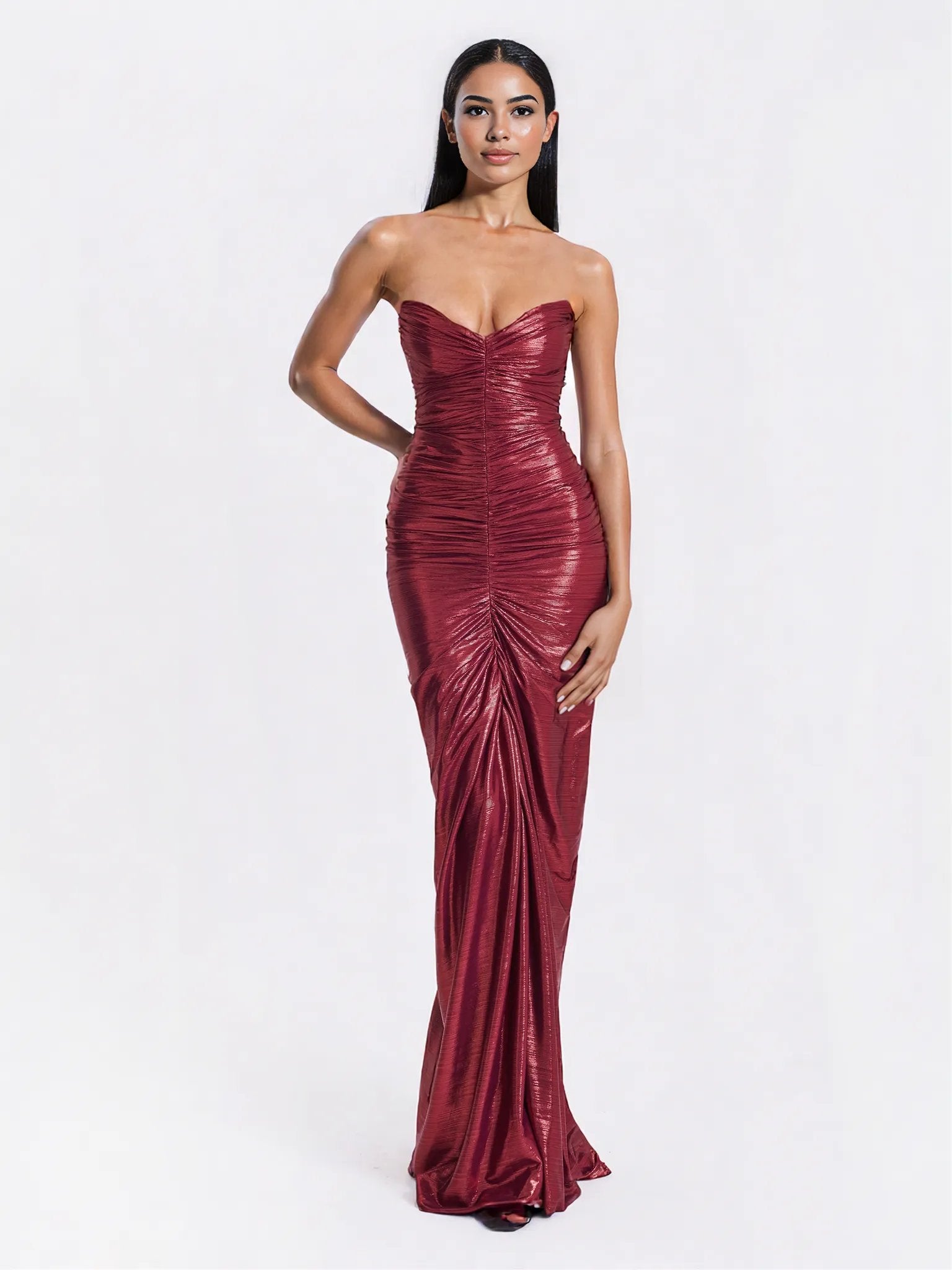 Sable Ruched Burgundy Glitter Mermaid Gown - HOUSE OF SHE