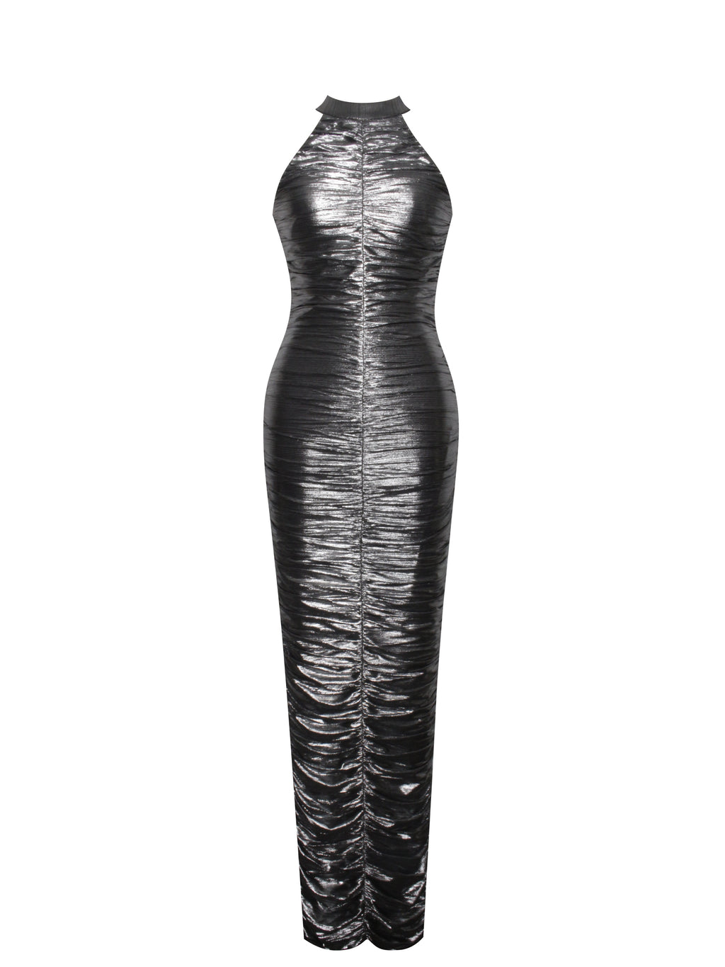 Abril Ruched Silver Glitter Backless Gown - HOUSE OF SHE