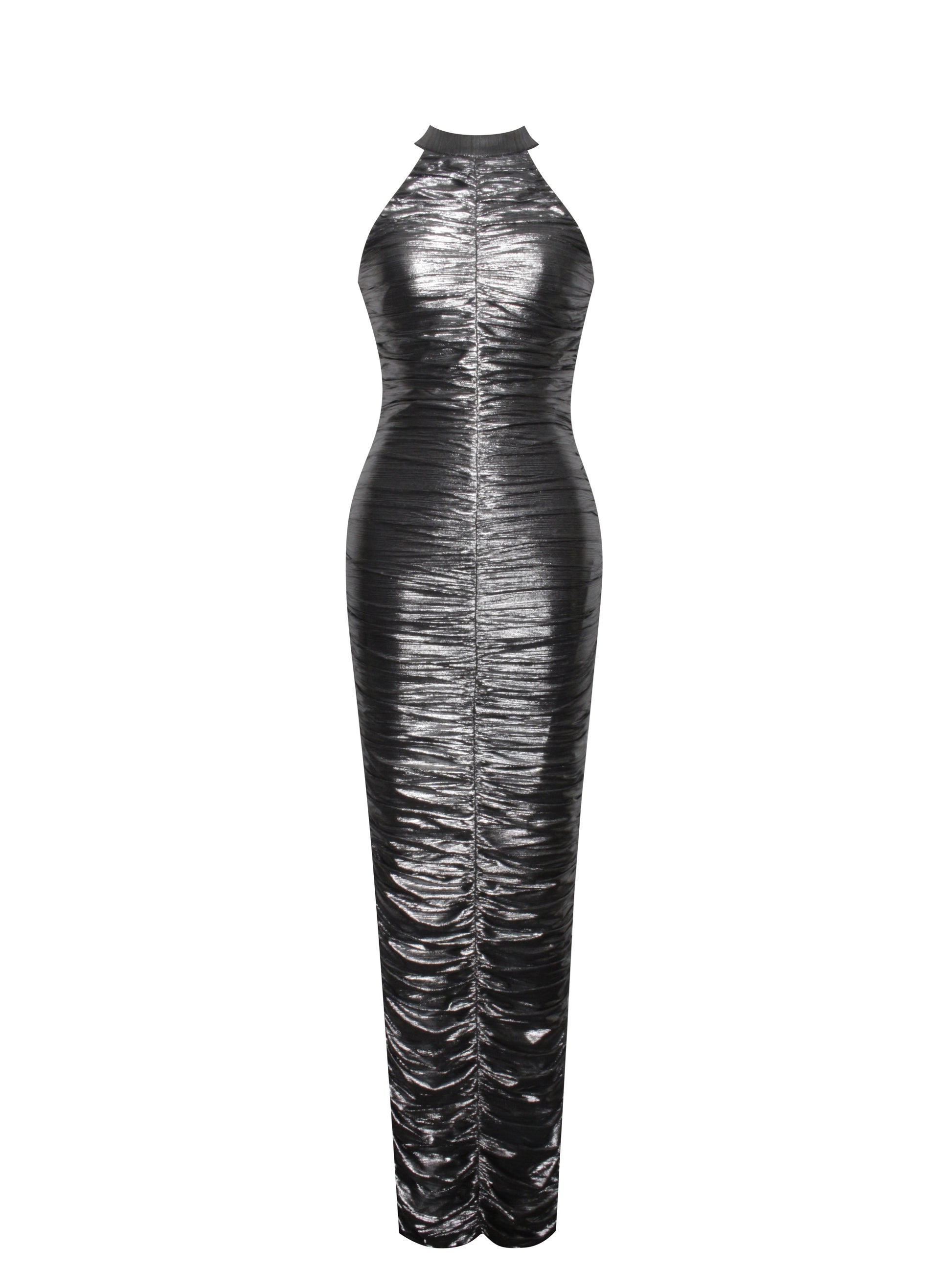Abril Ruched Silver Glitter Backless Gown - HOUSE OF SHE