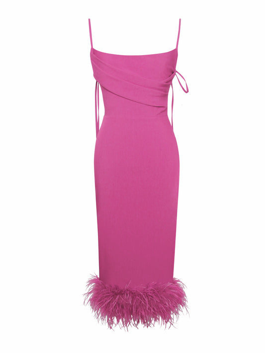 Fiona Fuchsia Feather Trim Bottom Maxi Dress  HOUSE OF SHE