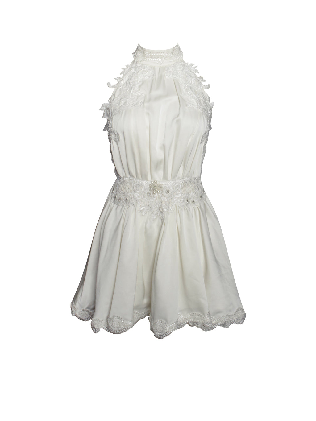 Idalia Pearl White Beaded Lace Trim Backless Halter Mini Dress - HOUSE OF SHE