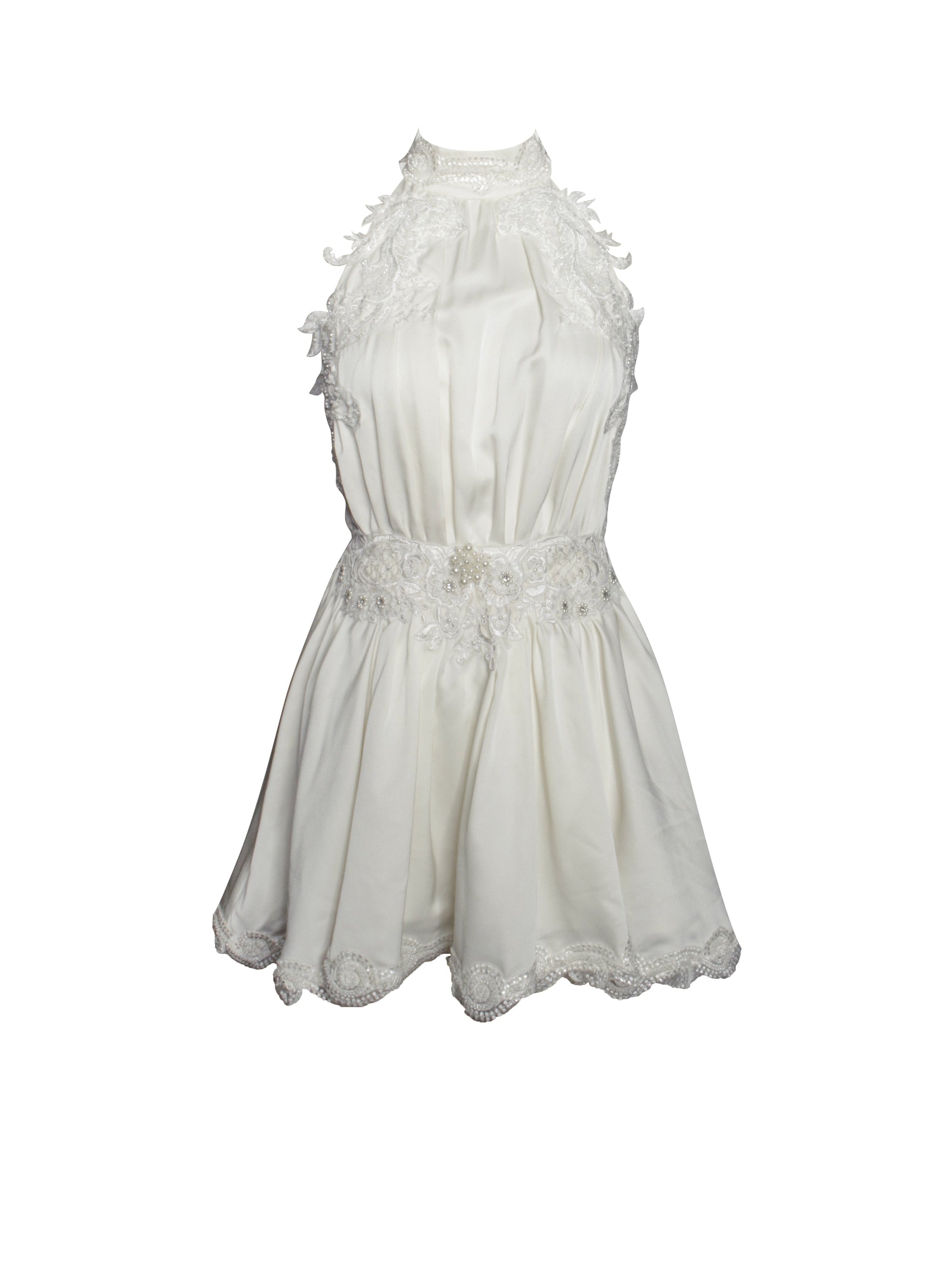 Idalia Pearl White Beaded Lace Trim Backless Halter Mini Dress - HOUSE OF SHE