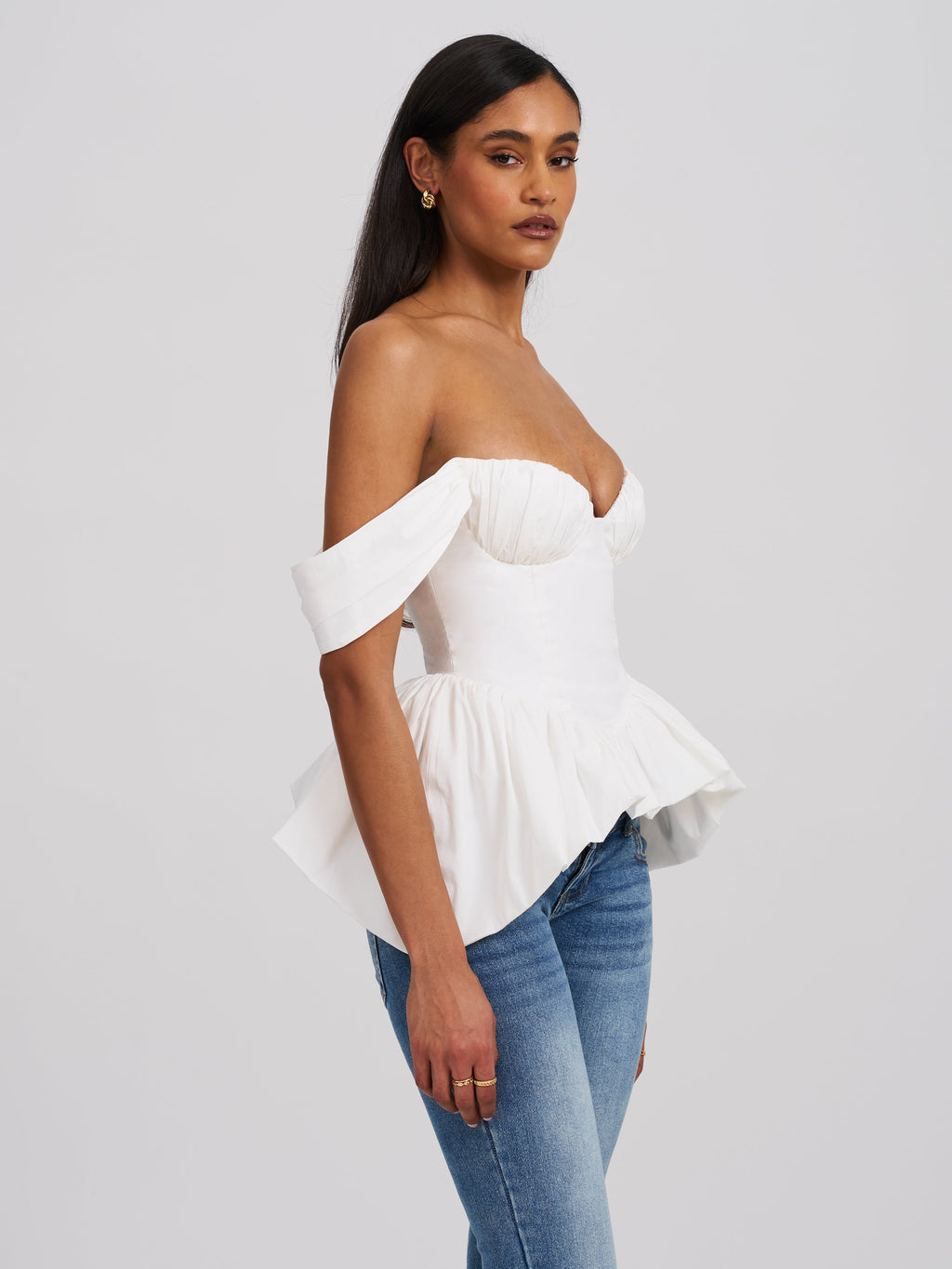 Qistina White Off-shoulder Bubble Hem Peplum Cotton Top