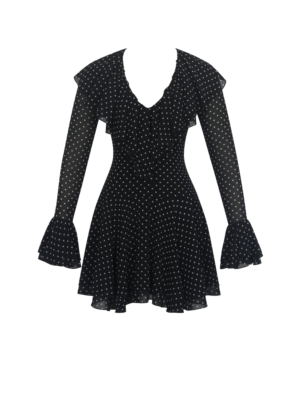 Omari Black Chiffon Polka Dot Ruffled Neckline Mini Dress