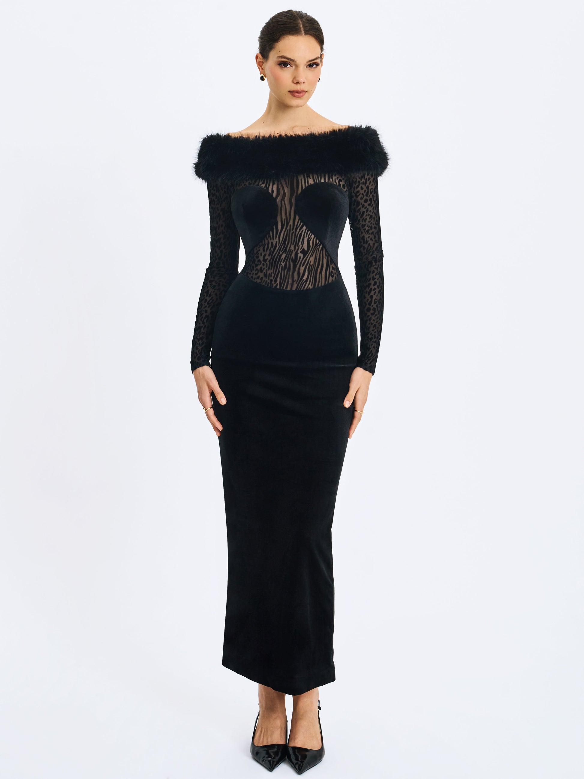 Alexis Black Animal Print Fur Boatneck Maxi Dress