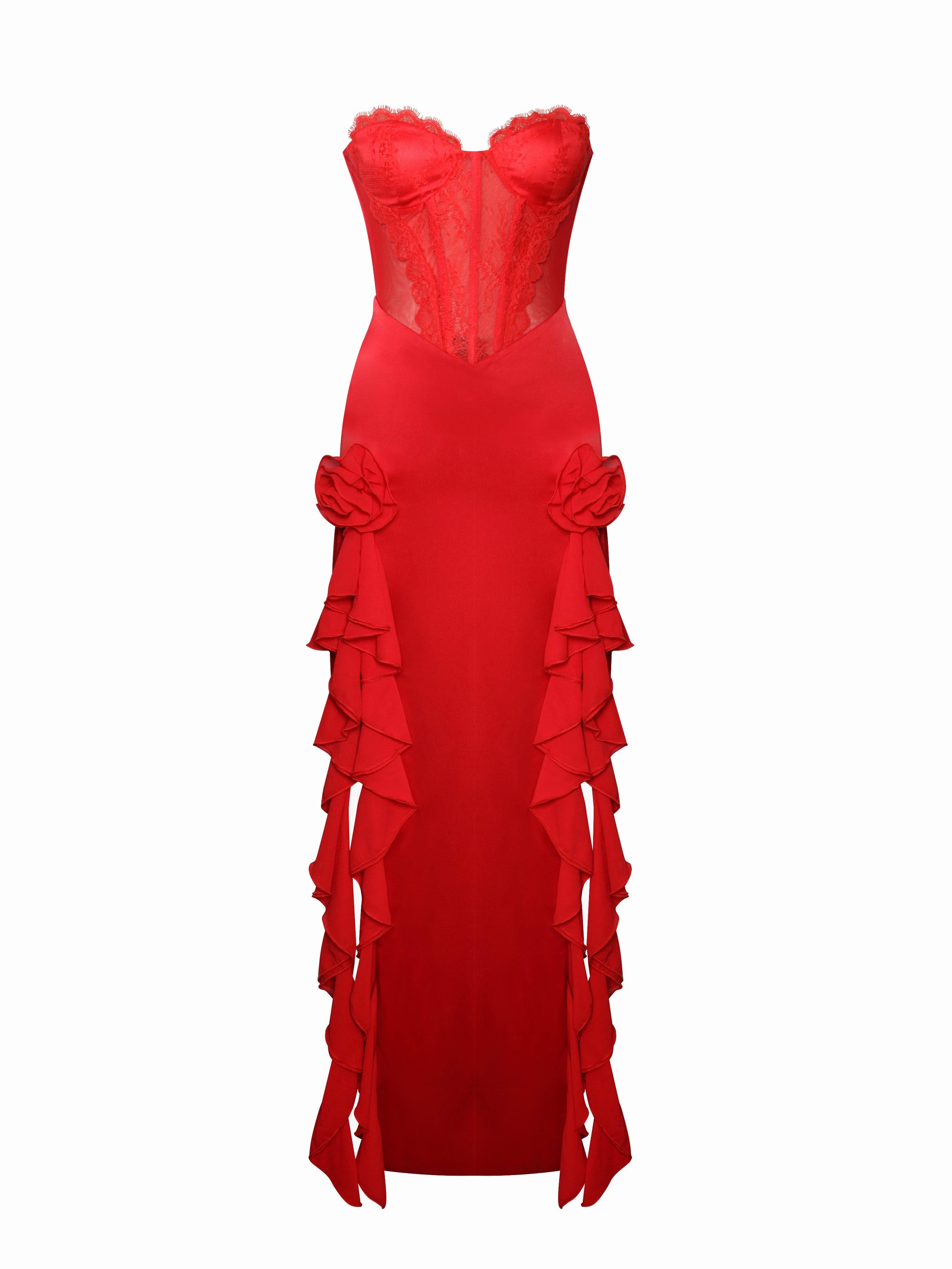 Lia Red Satin Lace Corset Maxi Dress  HOUSE OF SHE