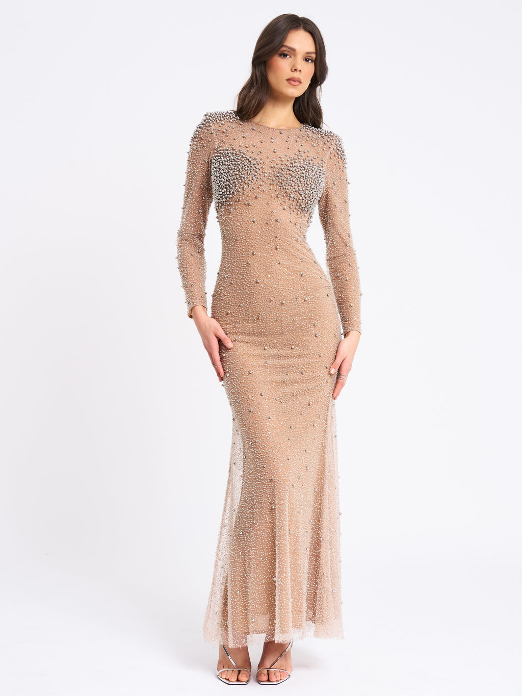 Rita Sequin Mesh Silver Beaded Mermaid Dress