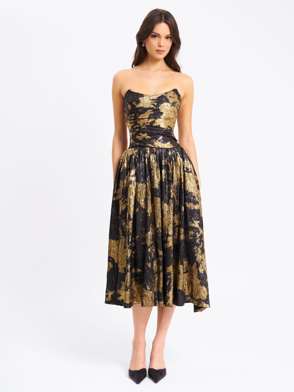 Saanvi Gold Tie Dye Bronzing Strapless Drop Waist Midi Dress  HOUSE OF SHE