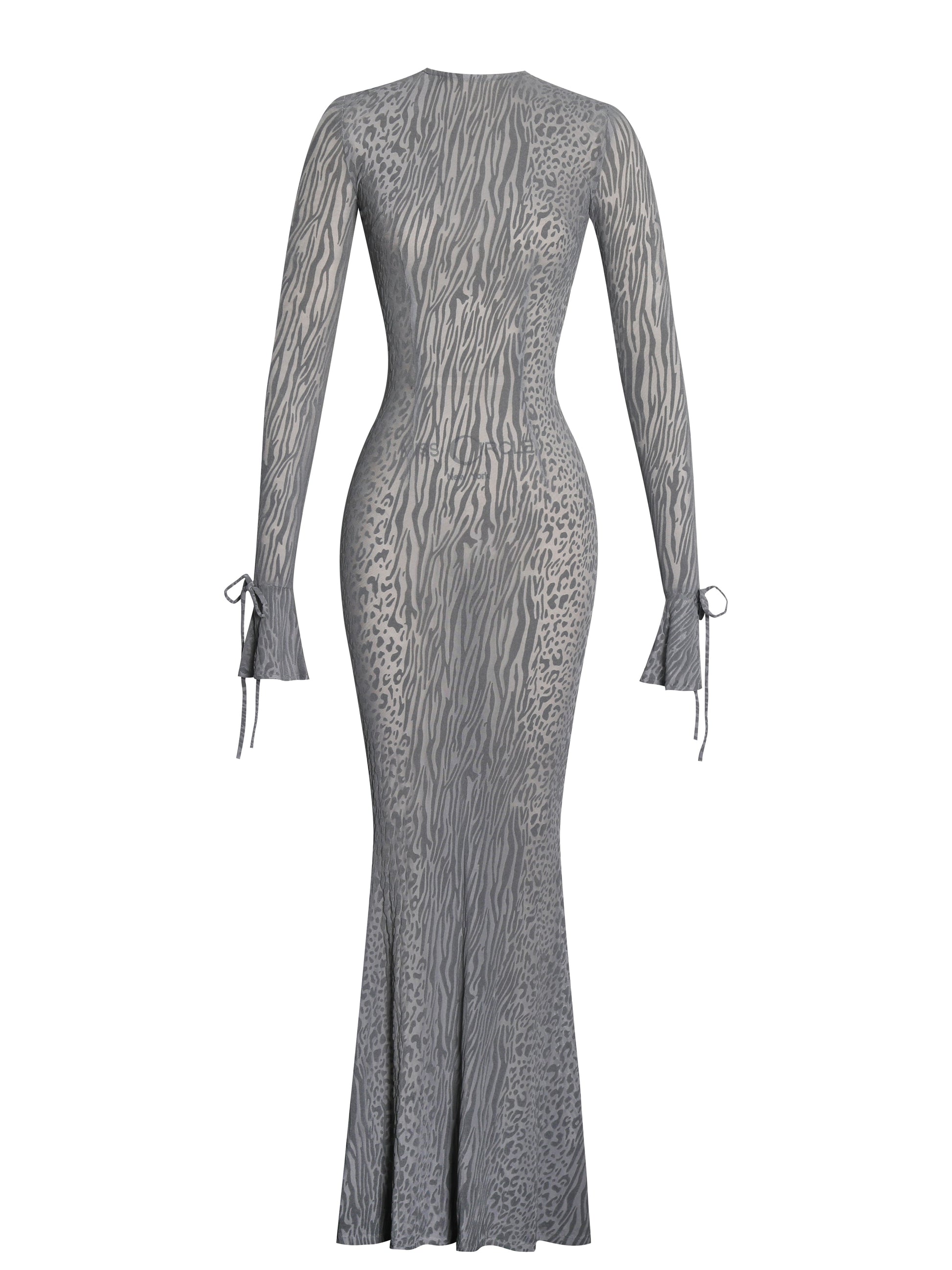 Waylynn Gray Animal Print Burnout Velvet Detail Mesh Backless Maxi Dress - HOUSE OF SHE