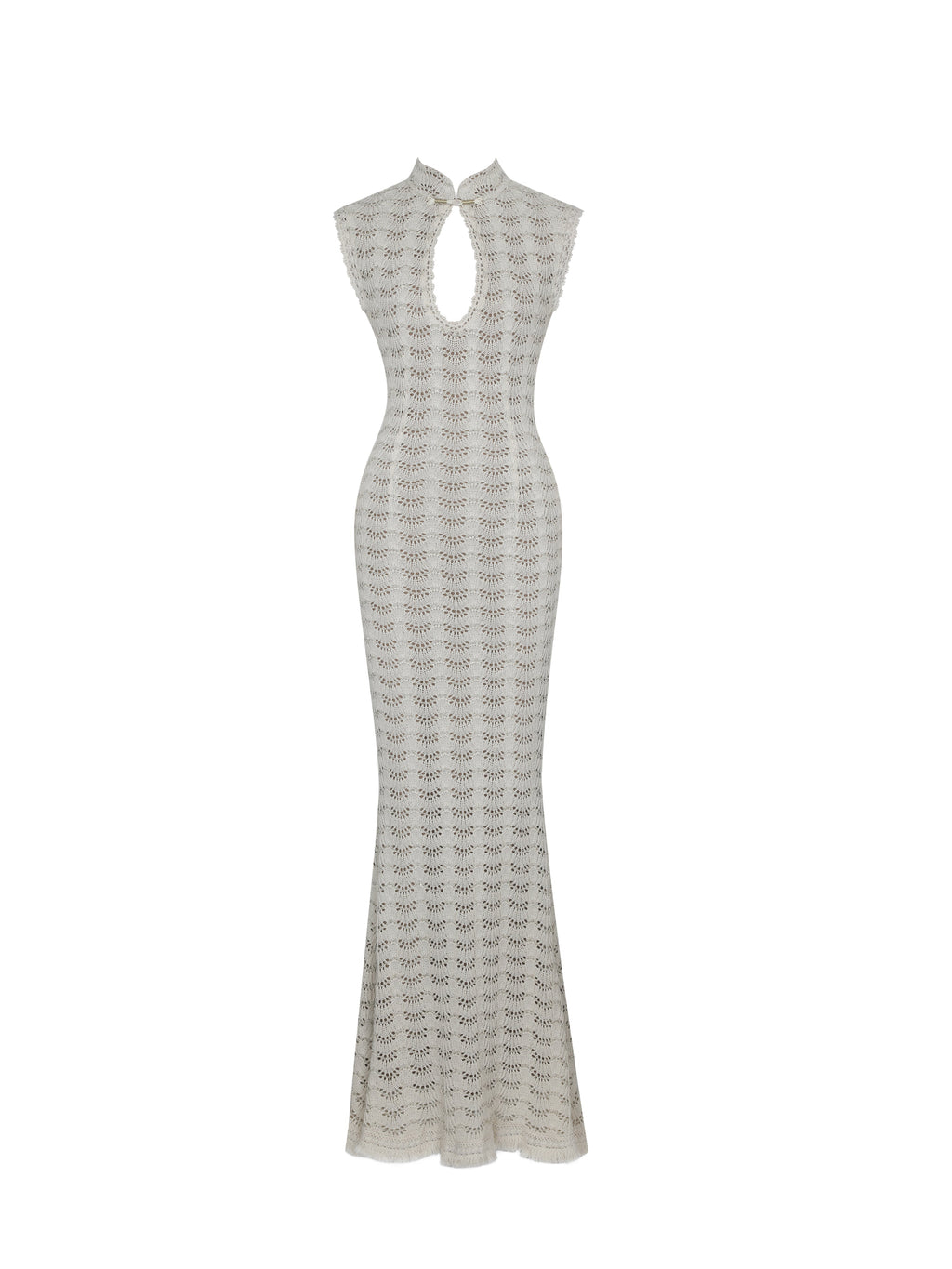 Xylona Beige & Gold Crochet Teardrop Neckline Mermaid Maxi Dress