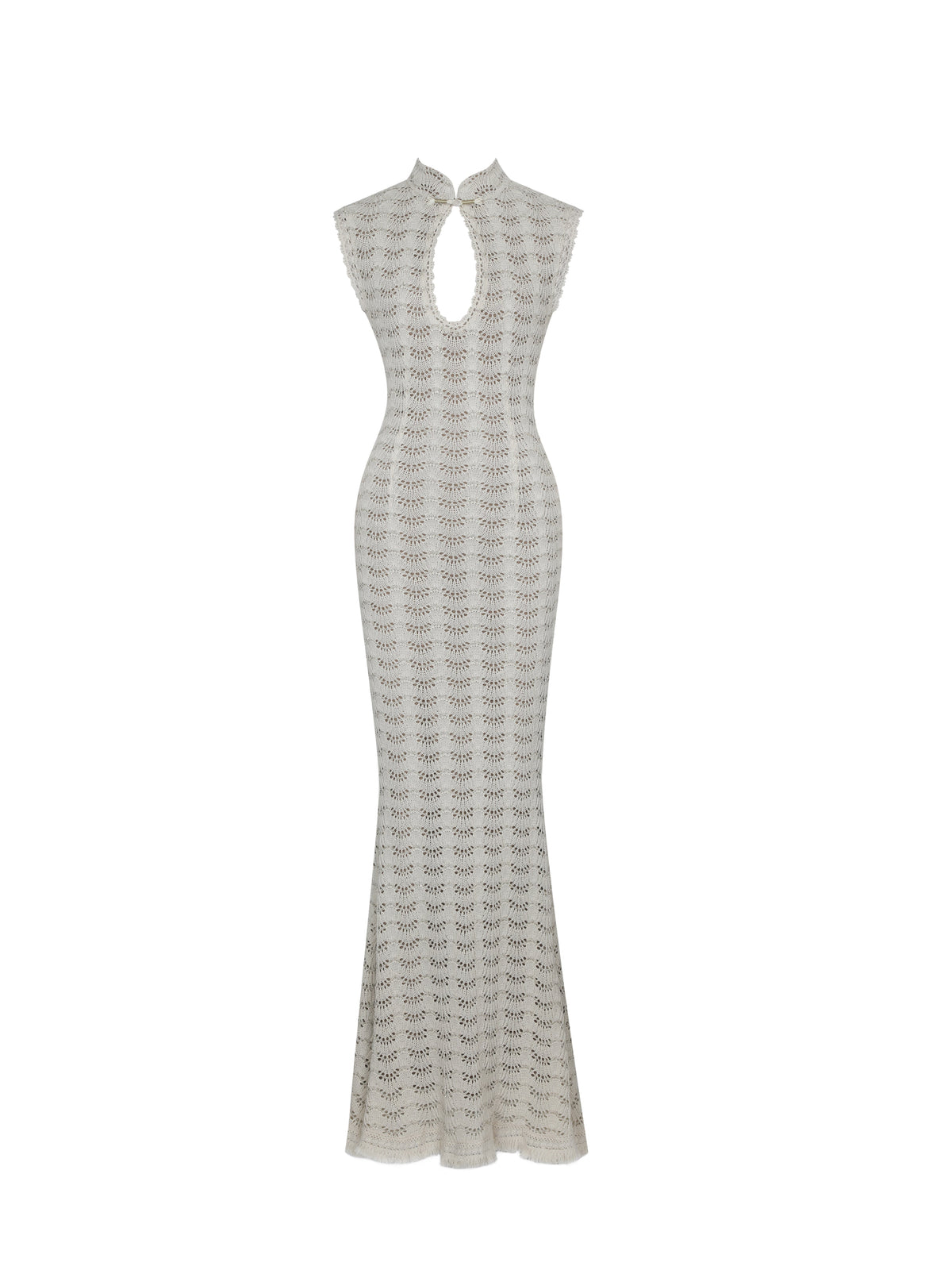 Xylona Beige & Gold Crochet Teardrop Neckline Mermaid Maxi Dress
